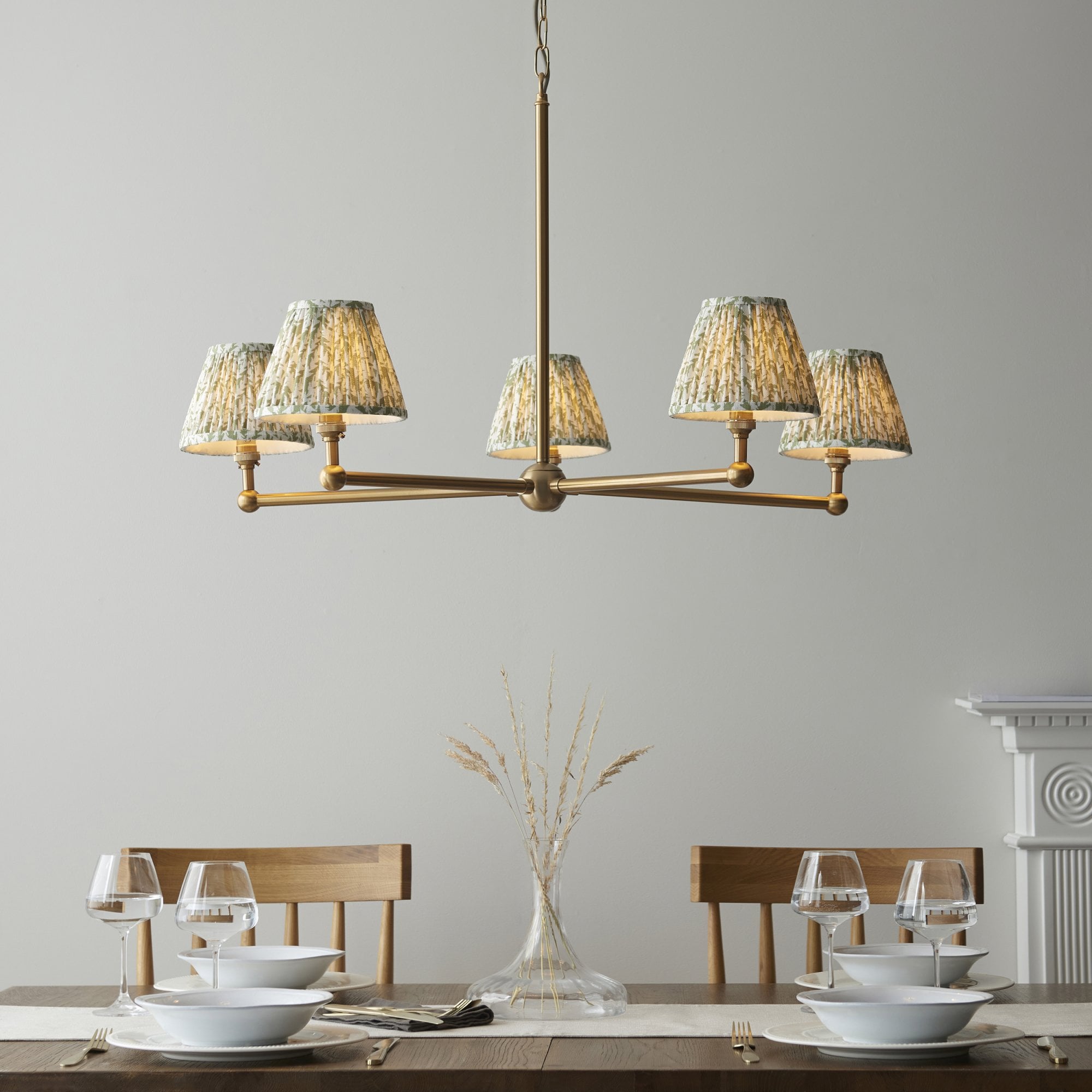 Endon Santiago Brushed Aged Brass 5 Light Pendant & Leaf 16cm Herb Garden Green Shade
