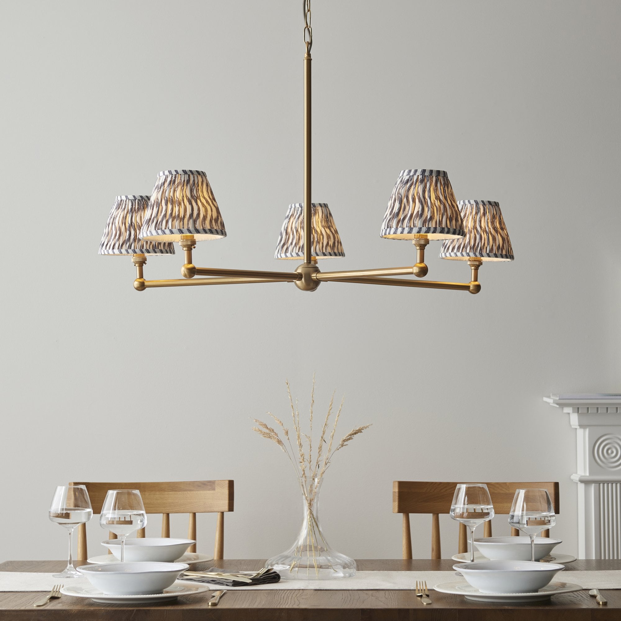 Endon Santiago Brushed Aged Brass 5 Light Pendant & Ripple 16cm Pearl Grey Shade