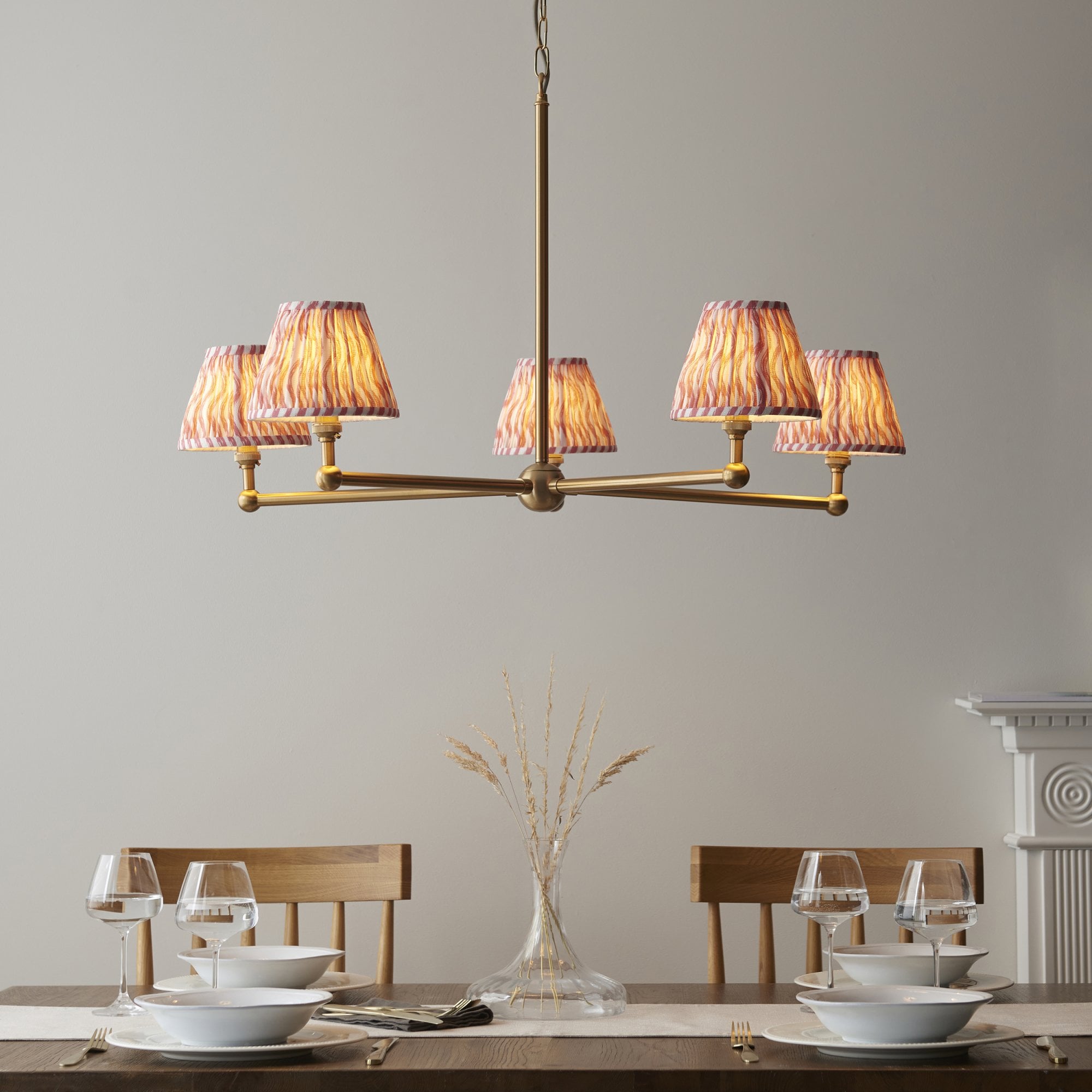 Endon Santiago Brushed Aged Brass 5 Light Pendant & Ripple 16cm Coral Pink Shade