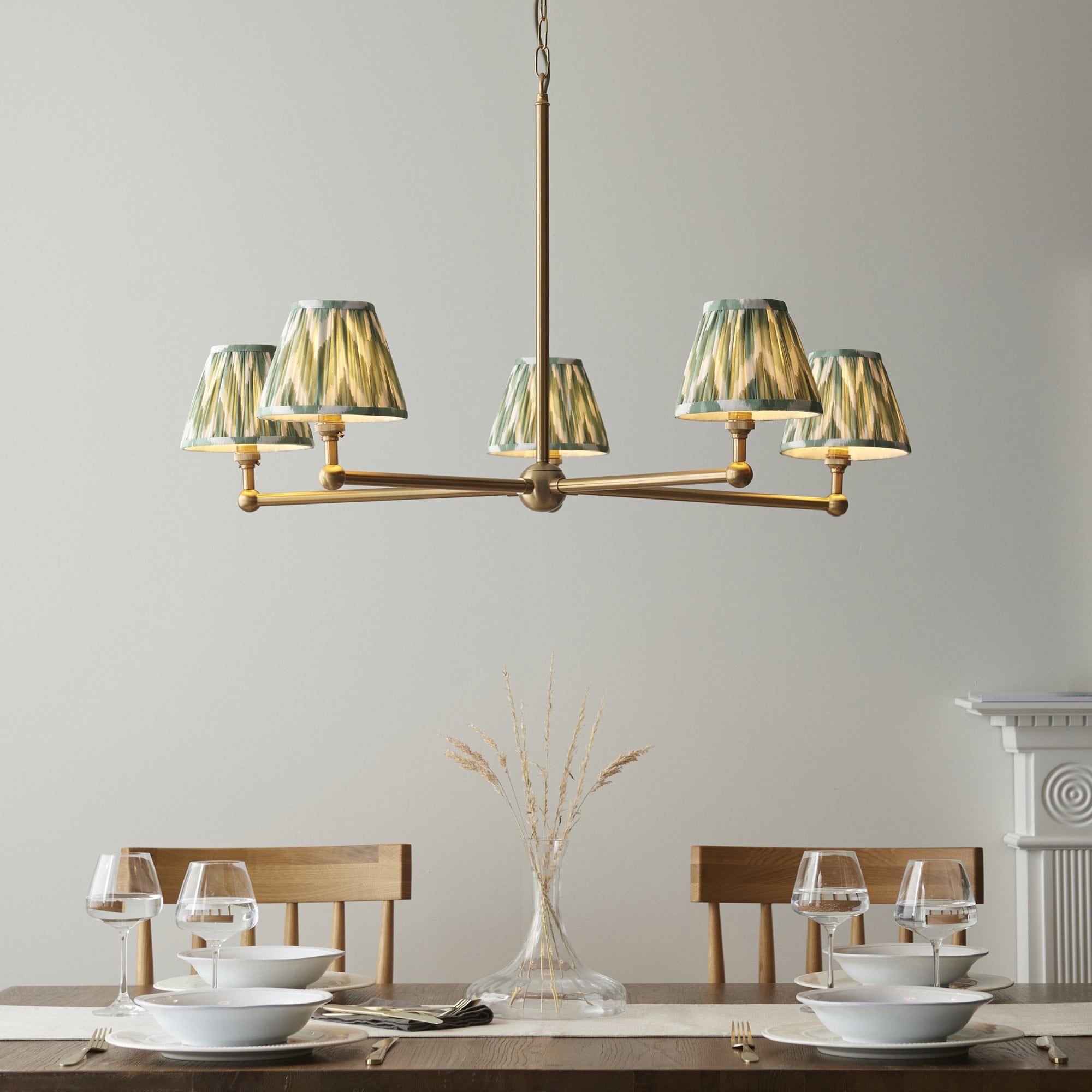 Endon Santiago Brushed Aged Brass 5 Light Pendant & Zigzag 16cm Cotswold Green Shade