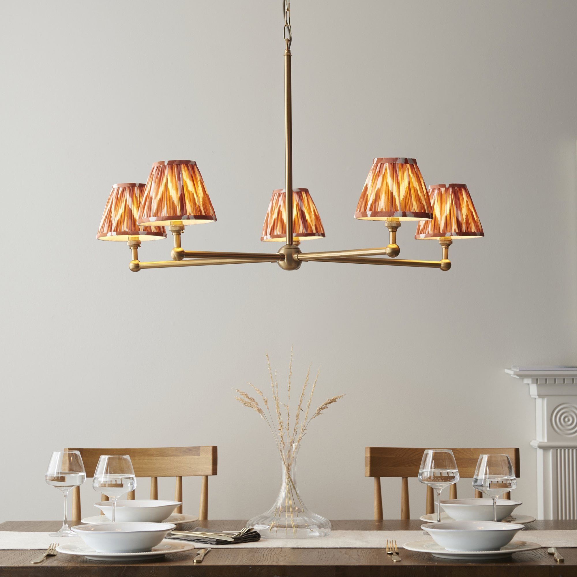 Endon Santiago Brushed Aged Brass 5 Light Pendant & Zigzag 16cm Apricot Orange Shade