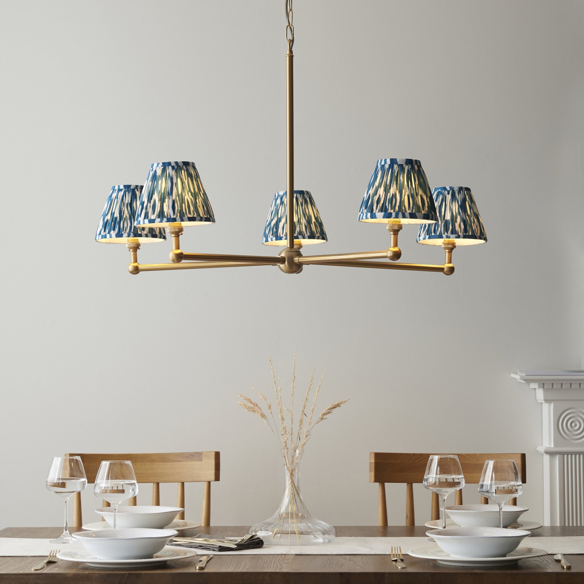 Endon Santiago Brushed Aged Brass 5 Light Pendant & Ikat 16cm Marlin Blue Shade