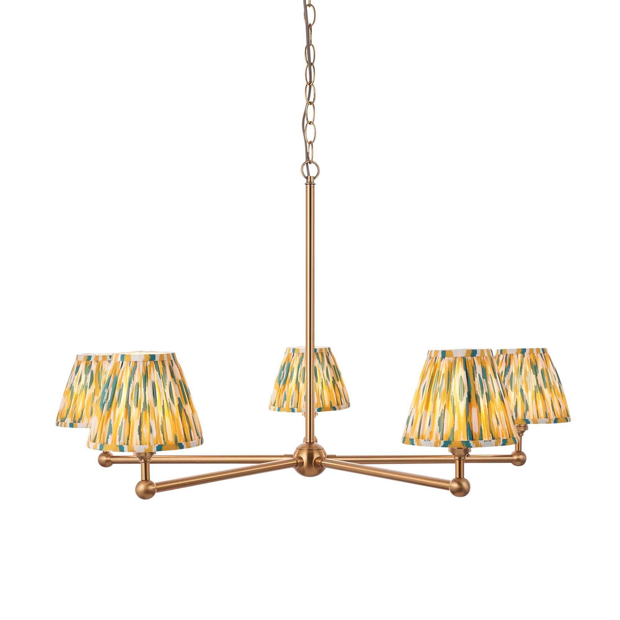 Endon Santiago Brushed Aged Brass 5 Light Pendant & Ikat 16cm Yellow & Jade Shade