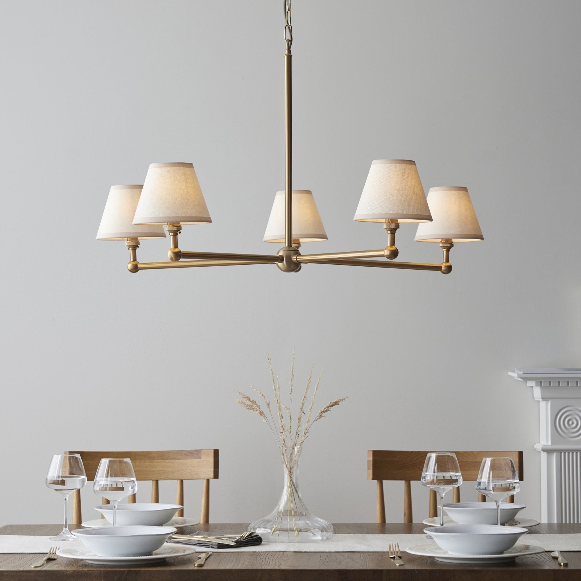 Endon Santiago Brushed Aged Brass 5 Light Pendant & Ivy 16cm Vintage White Shade