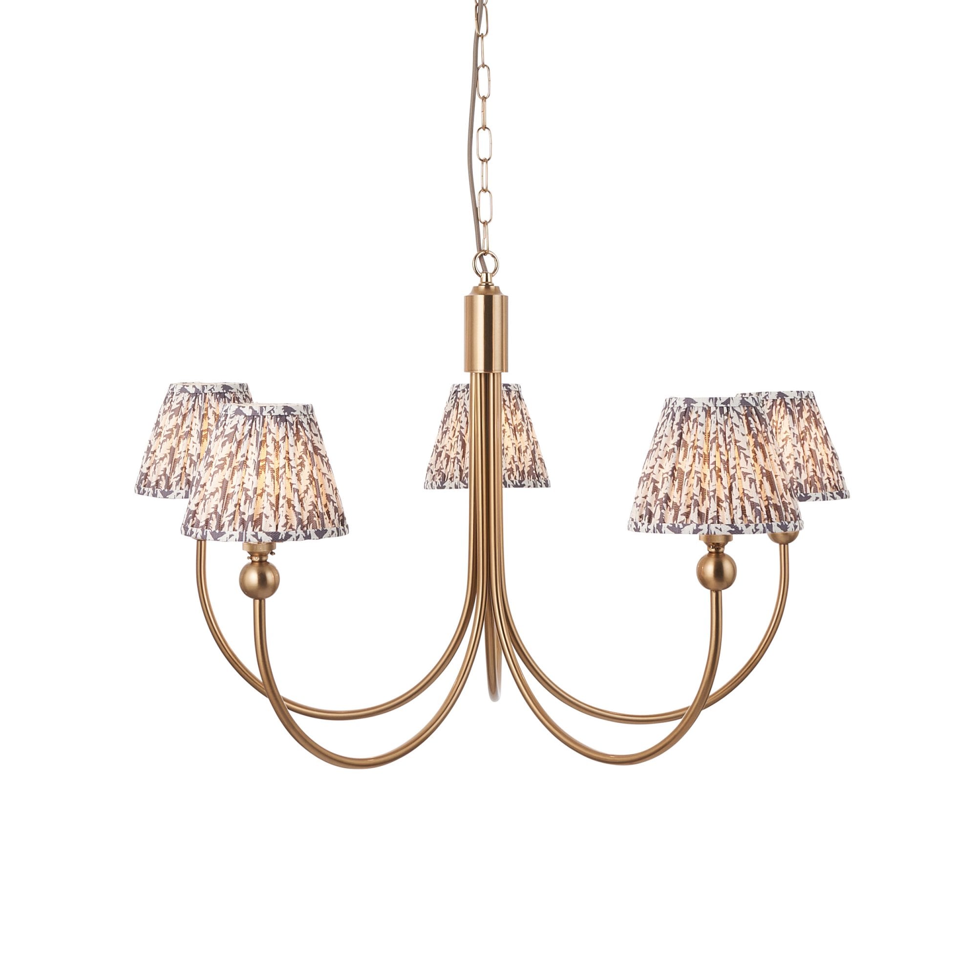 Endon Santiago Curved Brushed Aged Brass 5 Light Pendant & Leaf 16cm Pearl Grey Shade