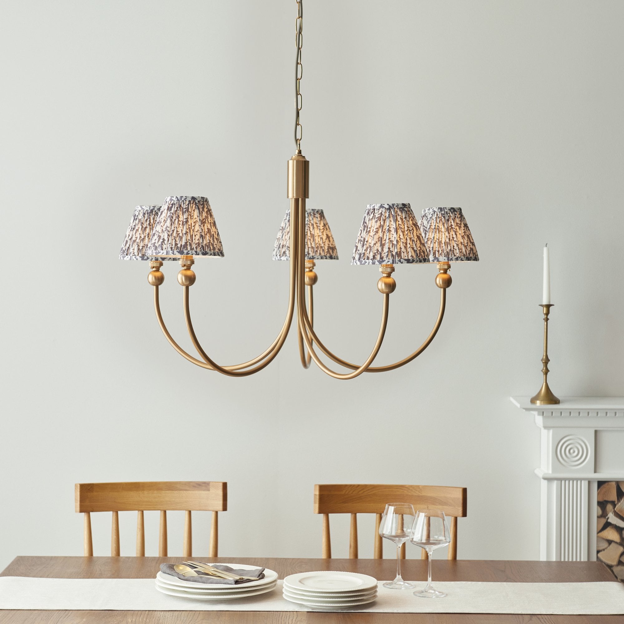 Endon Santiago Curved Brushed Aged Brass 5 Light Pendant & Leaf 16cm Pearl Grey Shade