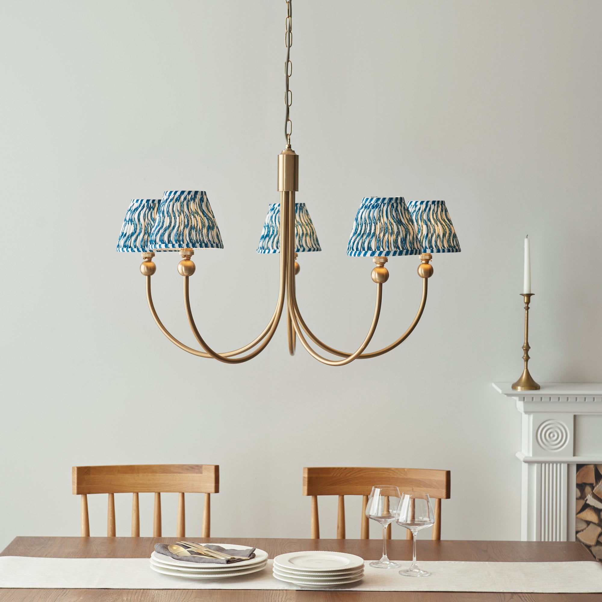 Endon Santiago Curved Brushed Aged Brass 5 Light Pendant & Ripple 16cm Marlin Blue Shade