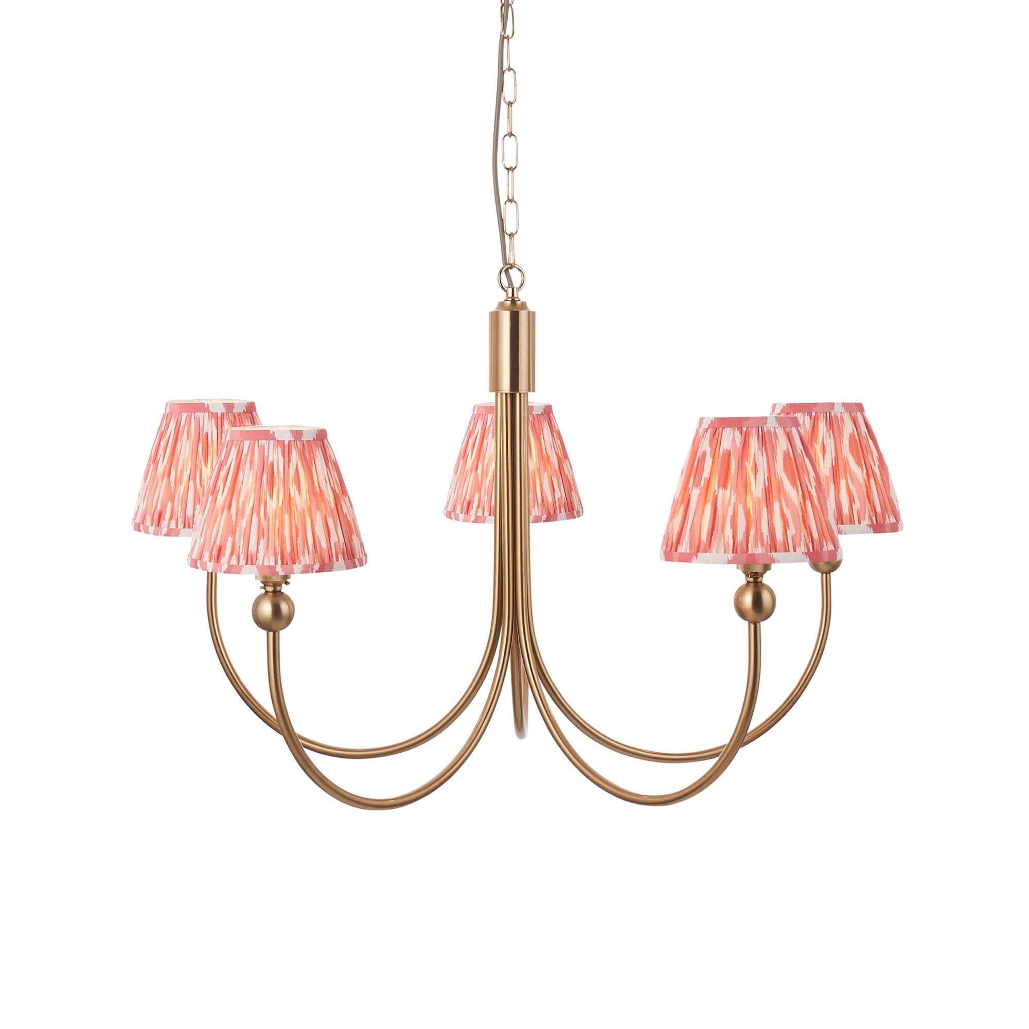 Endon Santiago Curved Brushed Aged Brass 5 Light Pendant & Ikat 16cm Coral Pink Shade