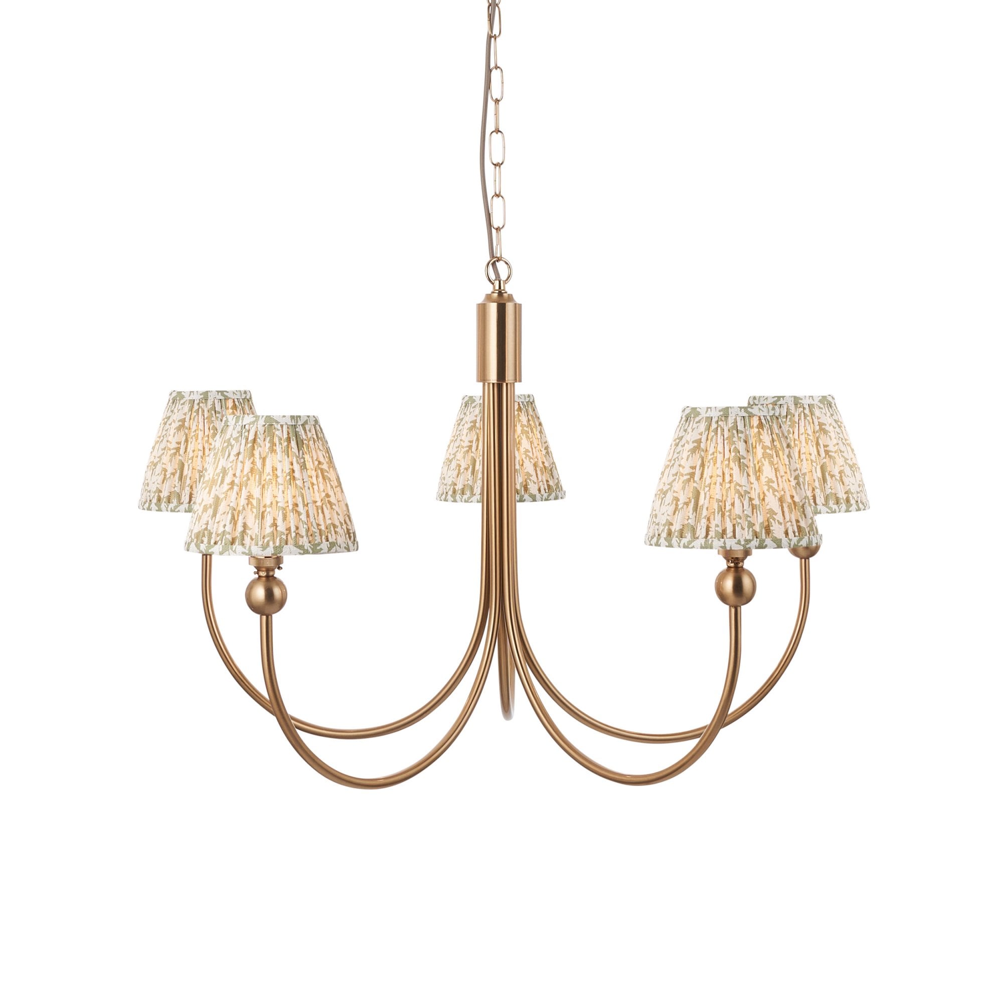 Endon Santiago Curved Brushed Aged Brass 5 Light Pendant & Leaf 16cm Herb Garden Green Shade