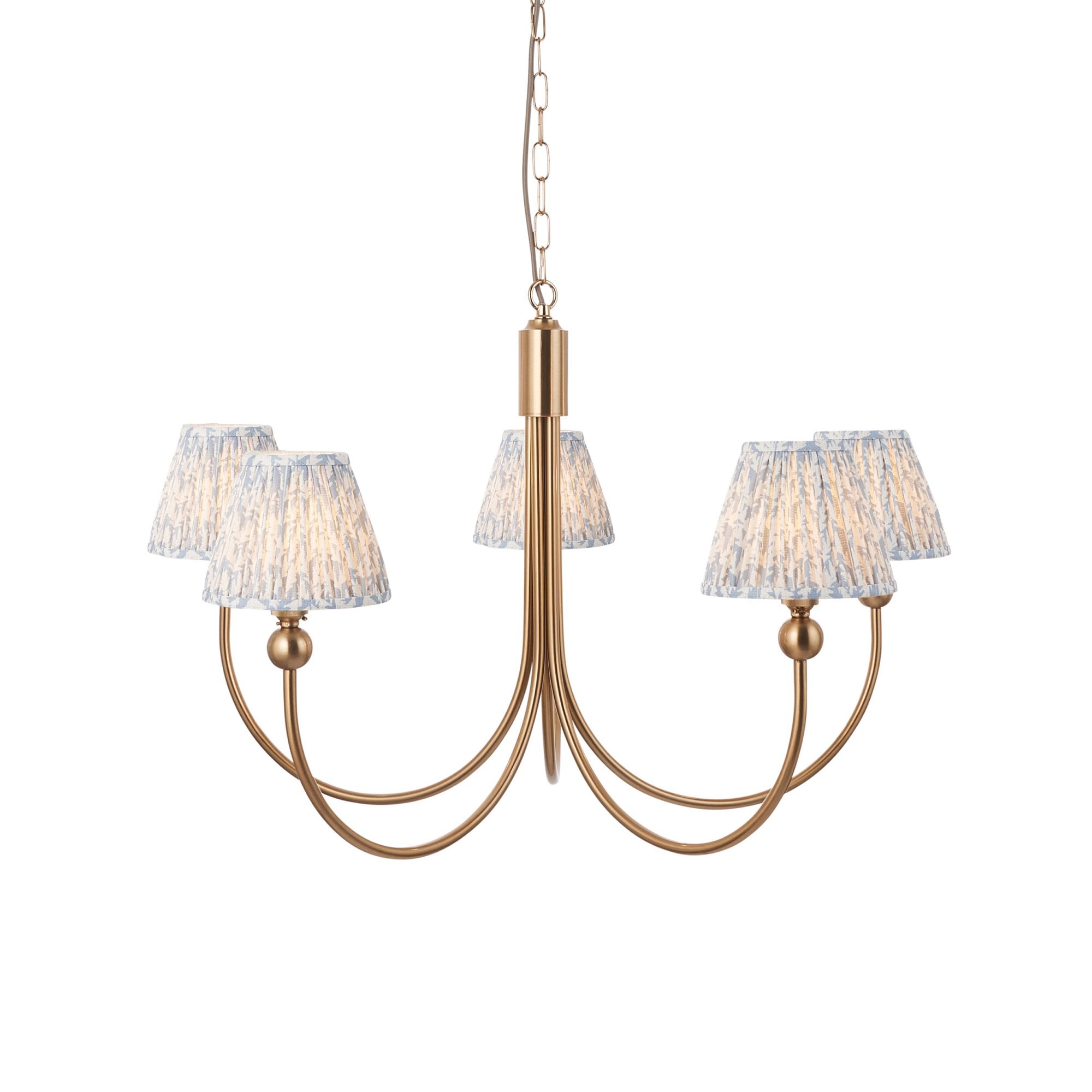 Endon Santiago Curved Brushed Aged Brass 5 Light Pendant & Leaf 16cm Shell Bay Blue Shade