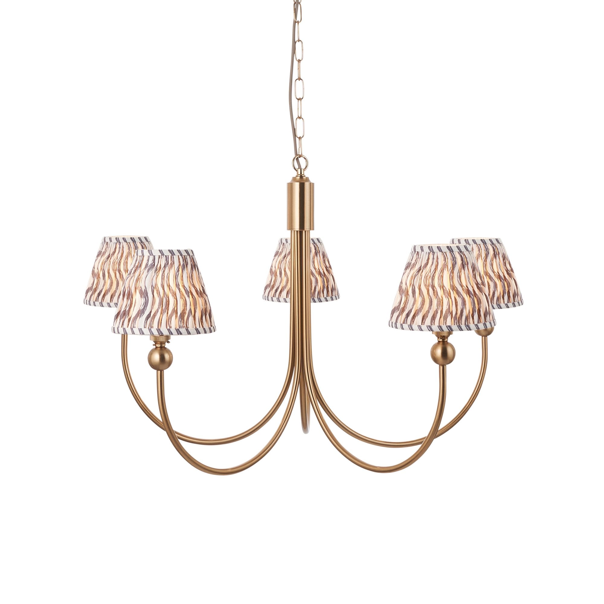 Endon Santiago Curved Brushed Aged Brass 5 Light Pendant & Ripple 16cm Pearl Grey Shade