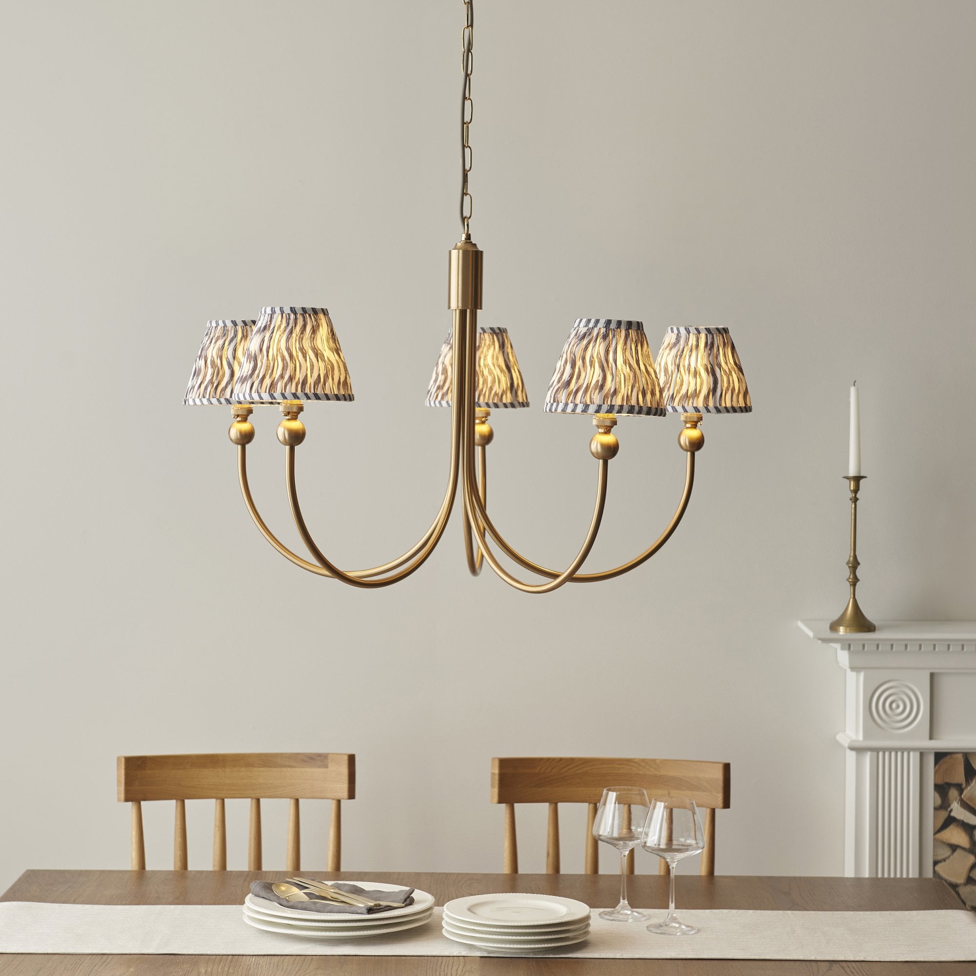 Endon Santiago Curved Brushed Aged Brass 5 Light Pendant & Ripple 16cm Pearl Grey Shade