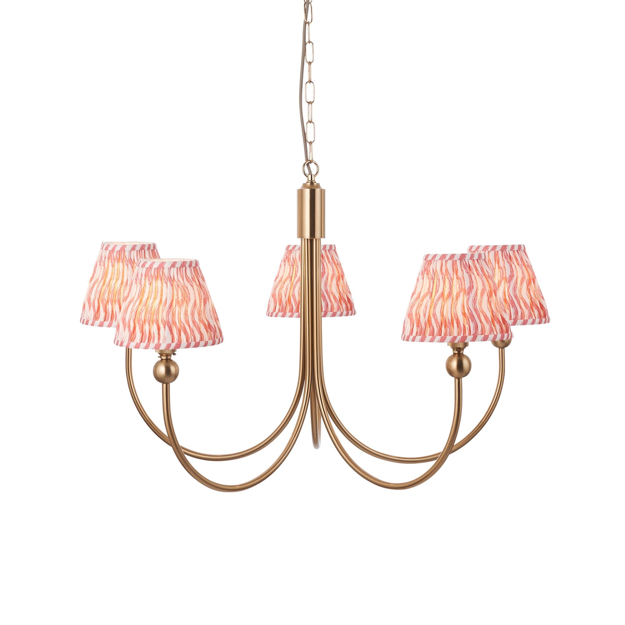 Endon Santiago Curved Brushed Aged Brass 5 Light Pendant & Ripple 16cm Coral Pink Shade