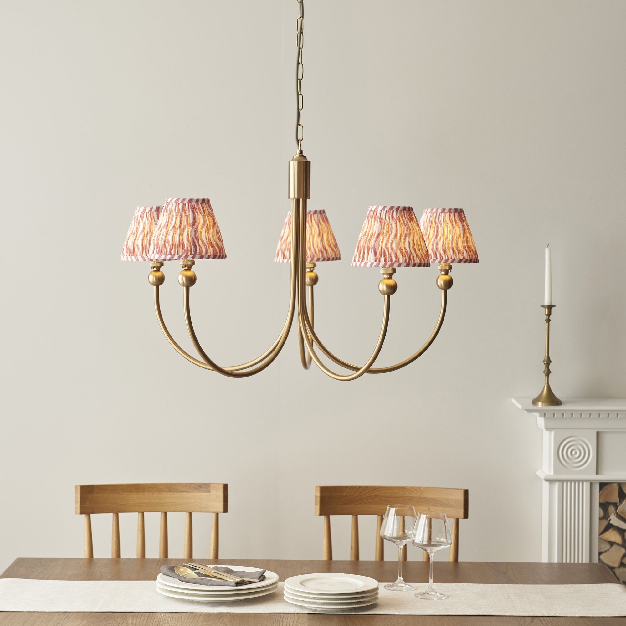 Endon Santiago Curved Brushed Aged Brass 5 Light Pendant & Ripple 16cm Coral Pink Shade