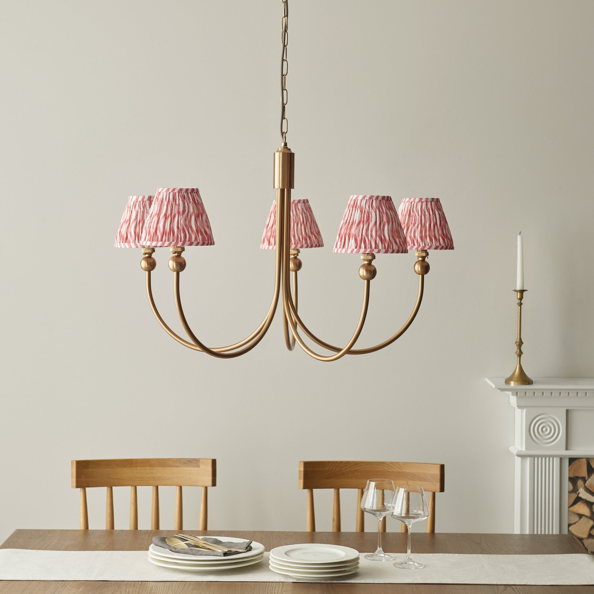 Endon Santiago Curved Brushed Aged Brass 5 Light Pendant & Ripple 16cm Coral Pink Shade