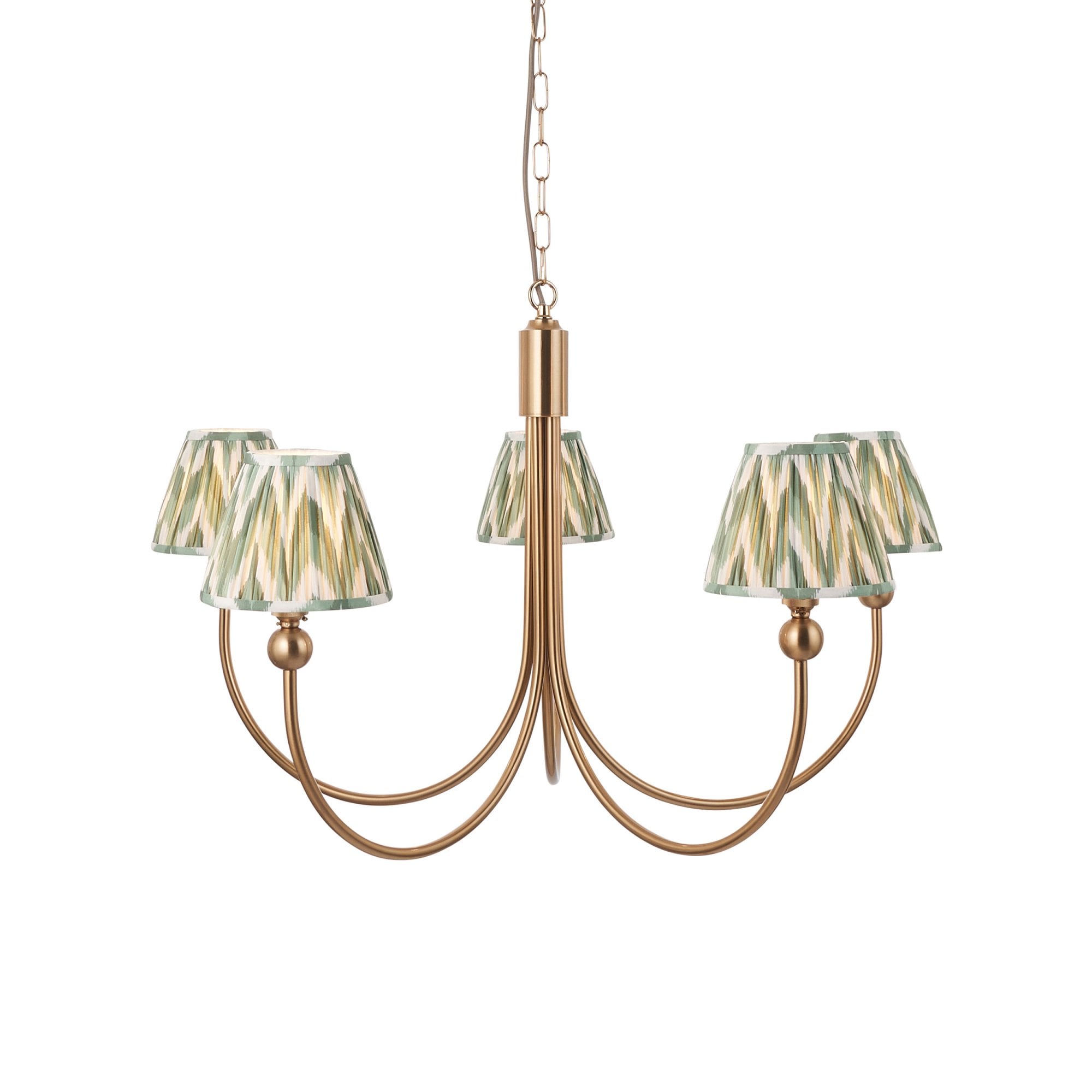Endon Santiago Curved Brushed Aged Brass 5 Light Pendant & Zigzag 16cm Cotswold Green Shade