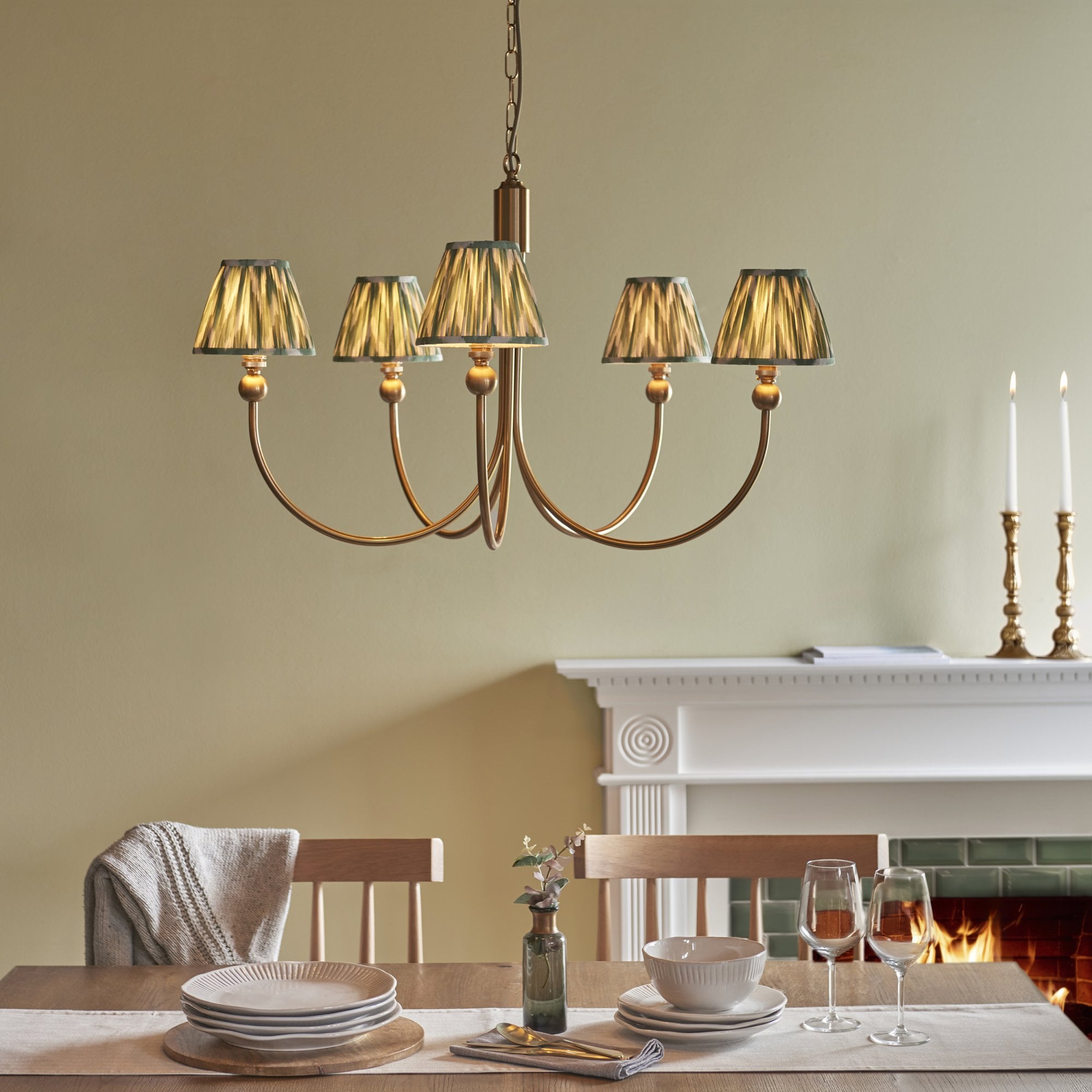 Endon Santiago Curved Brushed Aged Brass 5 Light Pendant & Zigzag 16cm Cotswold Green Shade