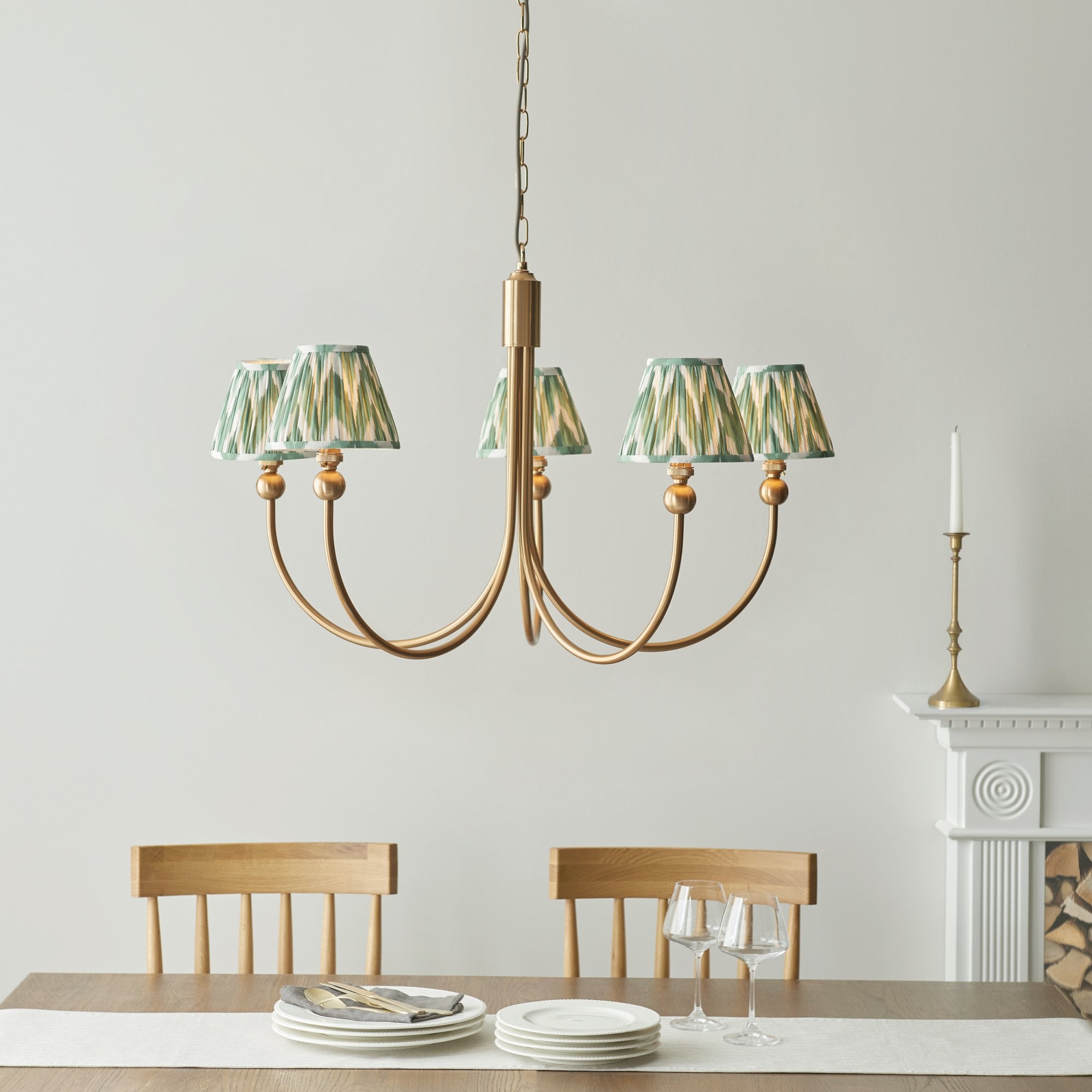 Endon Santiago Curved Brushed Aged Brass 5 Light Pendant & Zigzag 16cm Cotswold Green Shade
