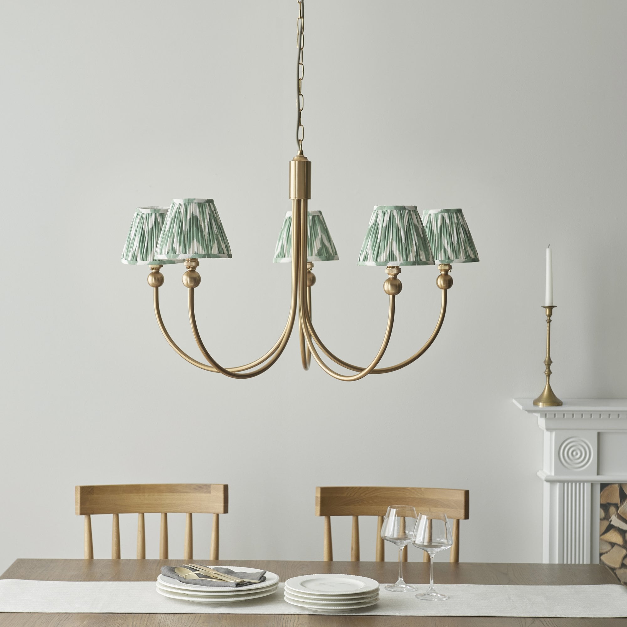 Endon Santiago Curved Brushed Aged Brass 5 Light Pendant & Zigzag 16cm Cotswold Green Shade