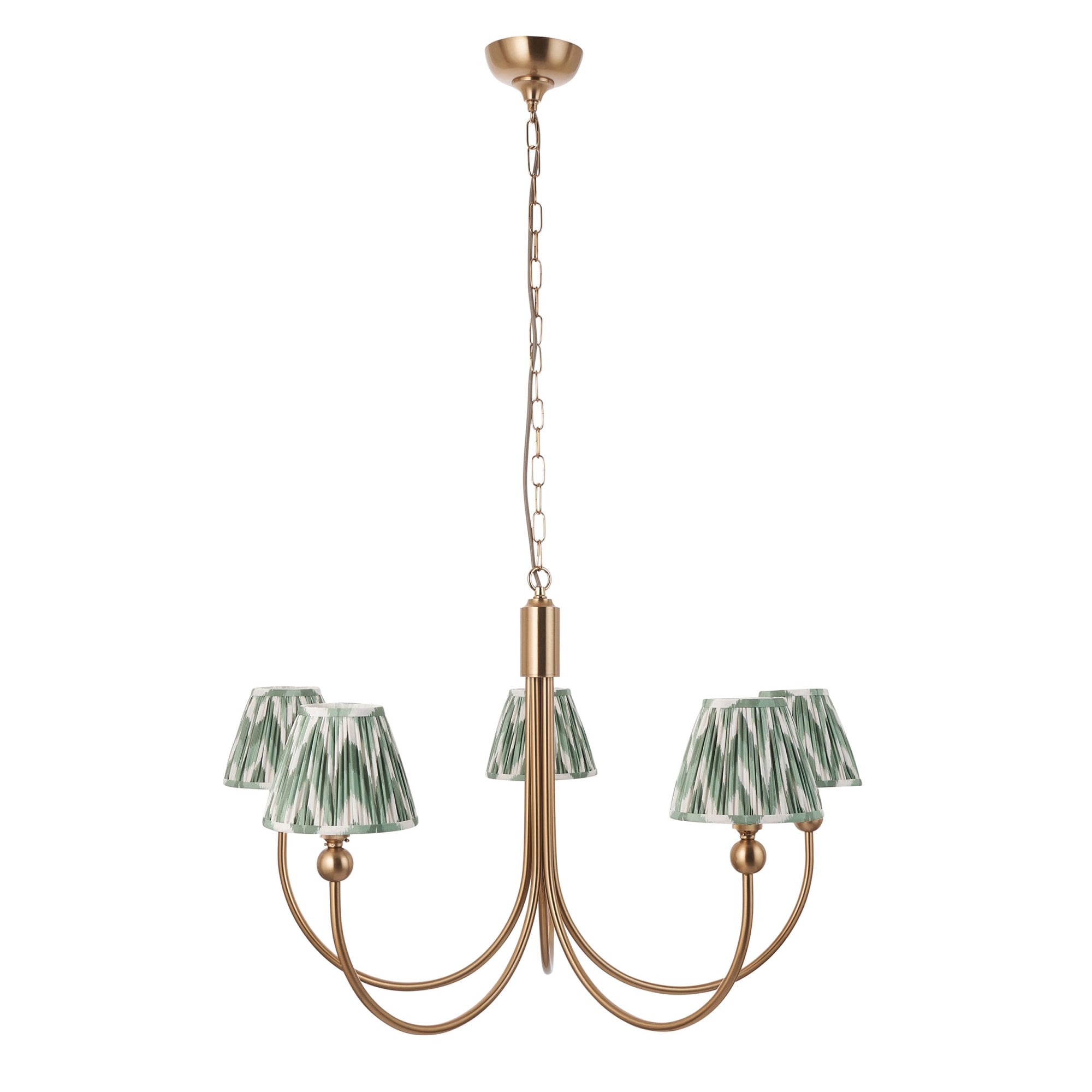 Endon Santiago Curved Brushed Aged Brass 5 Light Pendant & Zigzag 16cm Cotswold Green Shade