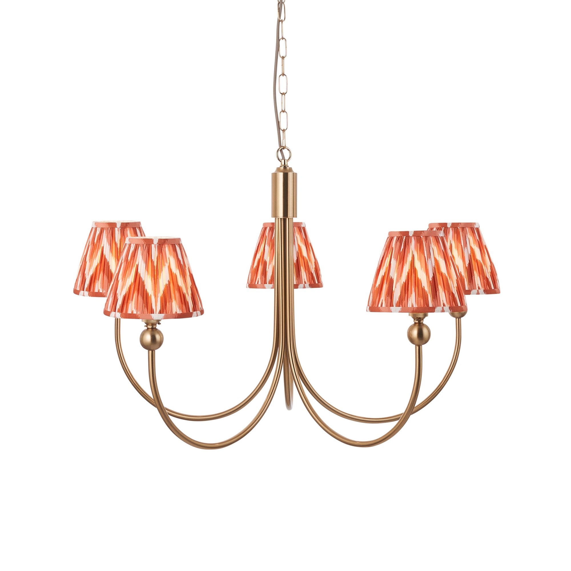 Endon Santiago Curved Brushed Aged Brass 5 Light Pendant & Zigzag 16cm Apricot Orange Shade