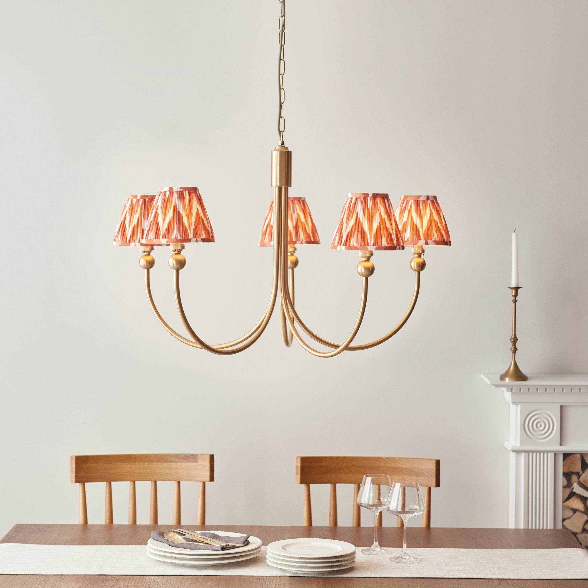 Endon Santiago Curved Brushed Aged Brass 5 Light Pendant & Zigzag 16cm Apricot Orange Shade