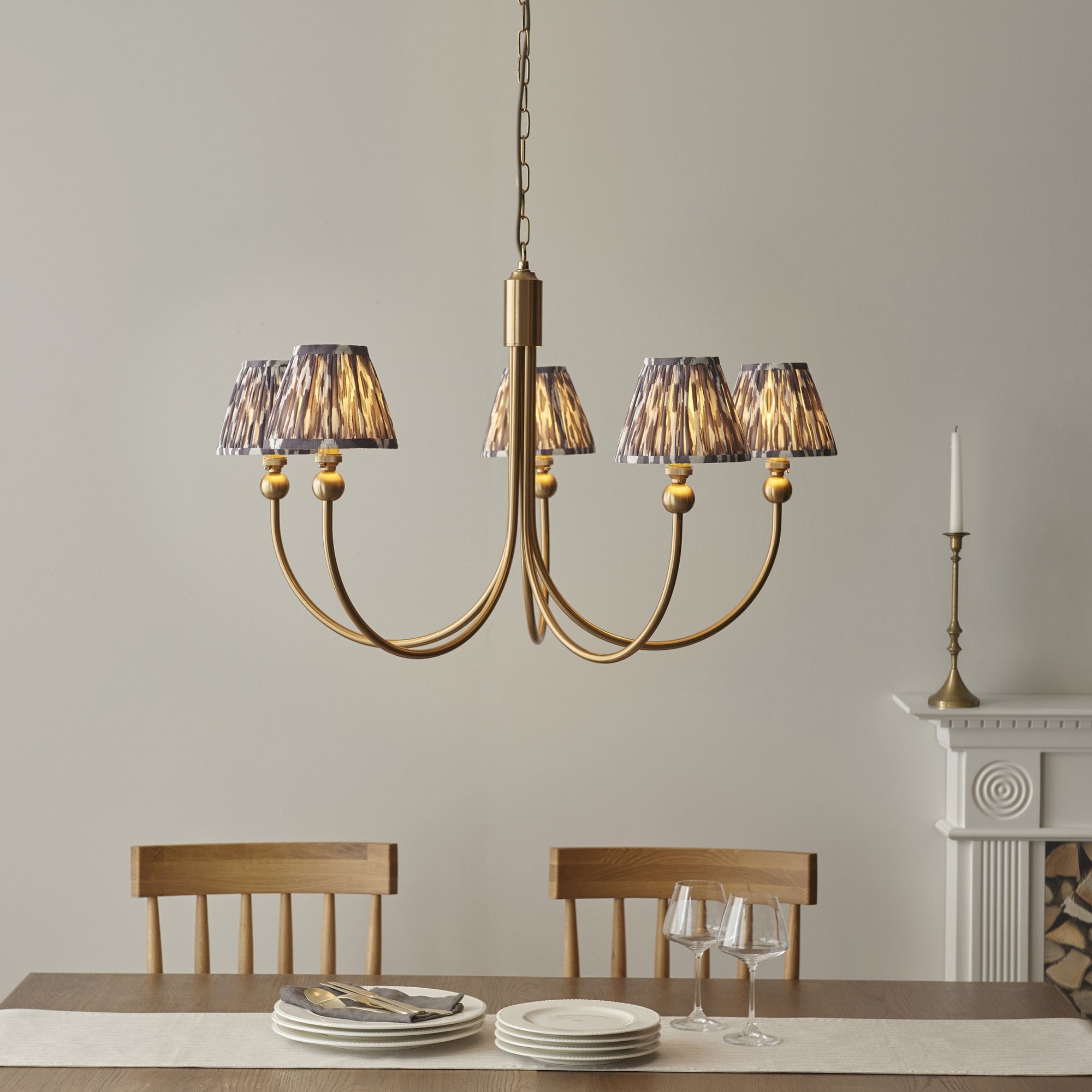 Endon Santiago Curved Brushed Aged Brass 5 Light Pendant & Ikat 16cm Pearl Grey Shade
