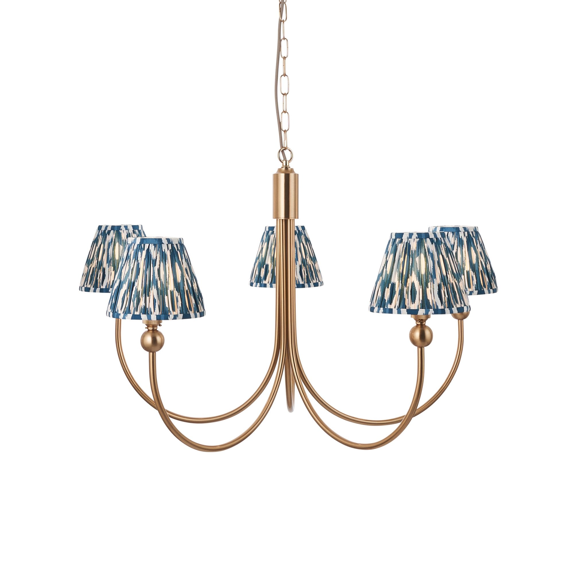 Endon Santiago Curved Brushed Aged Brass 5 Light Pendant & Ikat 16cm Marlin Blue Shade