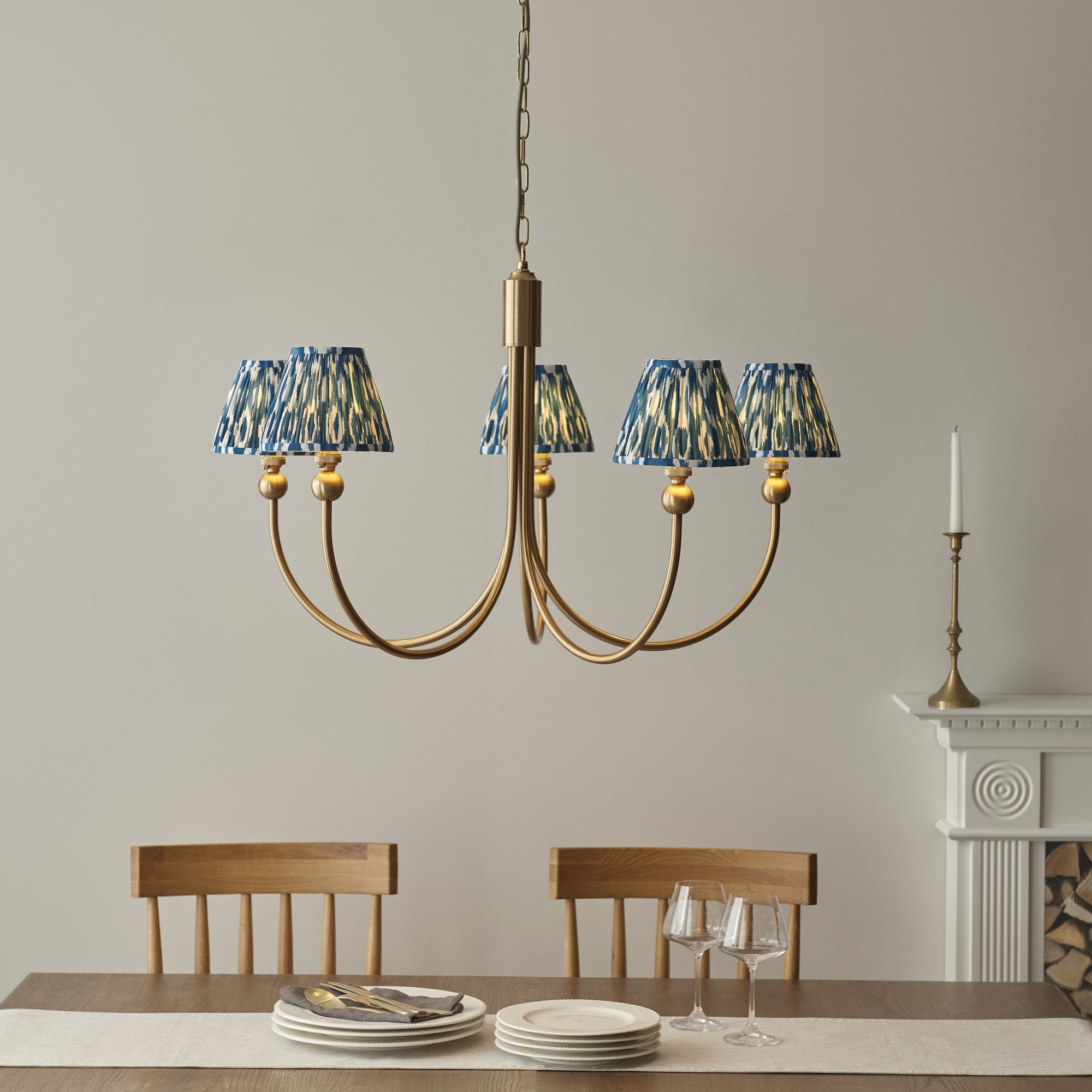 Endon Santiago Curved Brushed Aged Brass 5 Light Pendant & Ikat 16cm Marlin Blue Shade