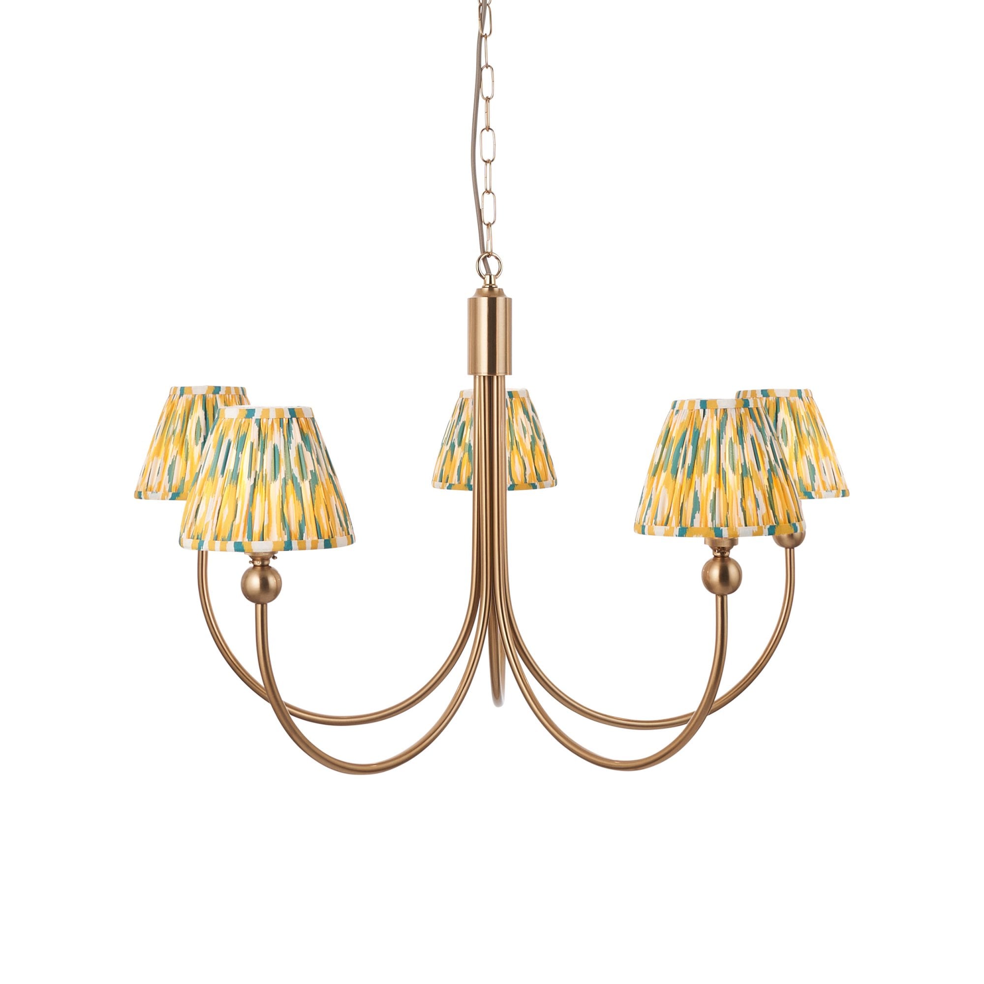 Endon Santiago Curved Brushed Aged Brass 5 Light Pendant & Ikat 16cm Yellow & Jade Shade