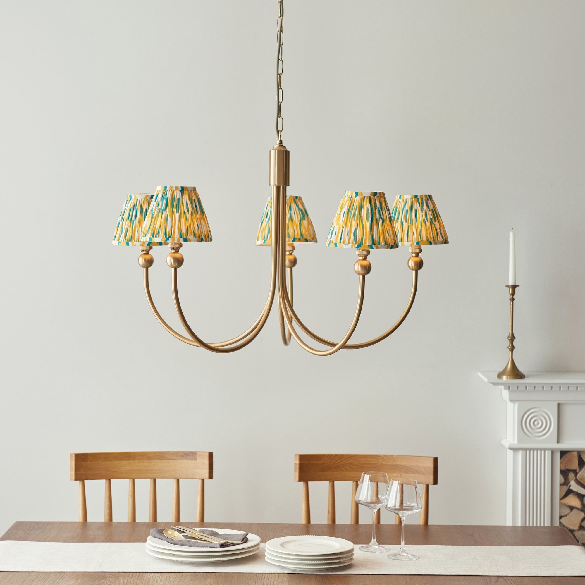 Endon Santiago Curved Brushed Aged Brass 5 Light Pendant & Ikat 16cm Yellow & Jade Shade