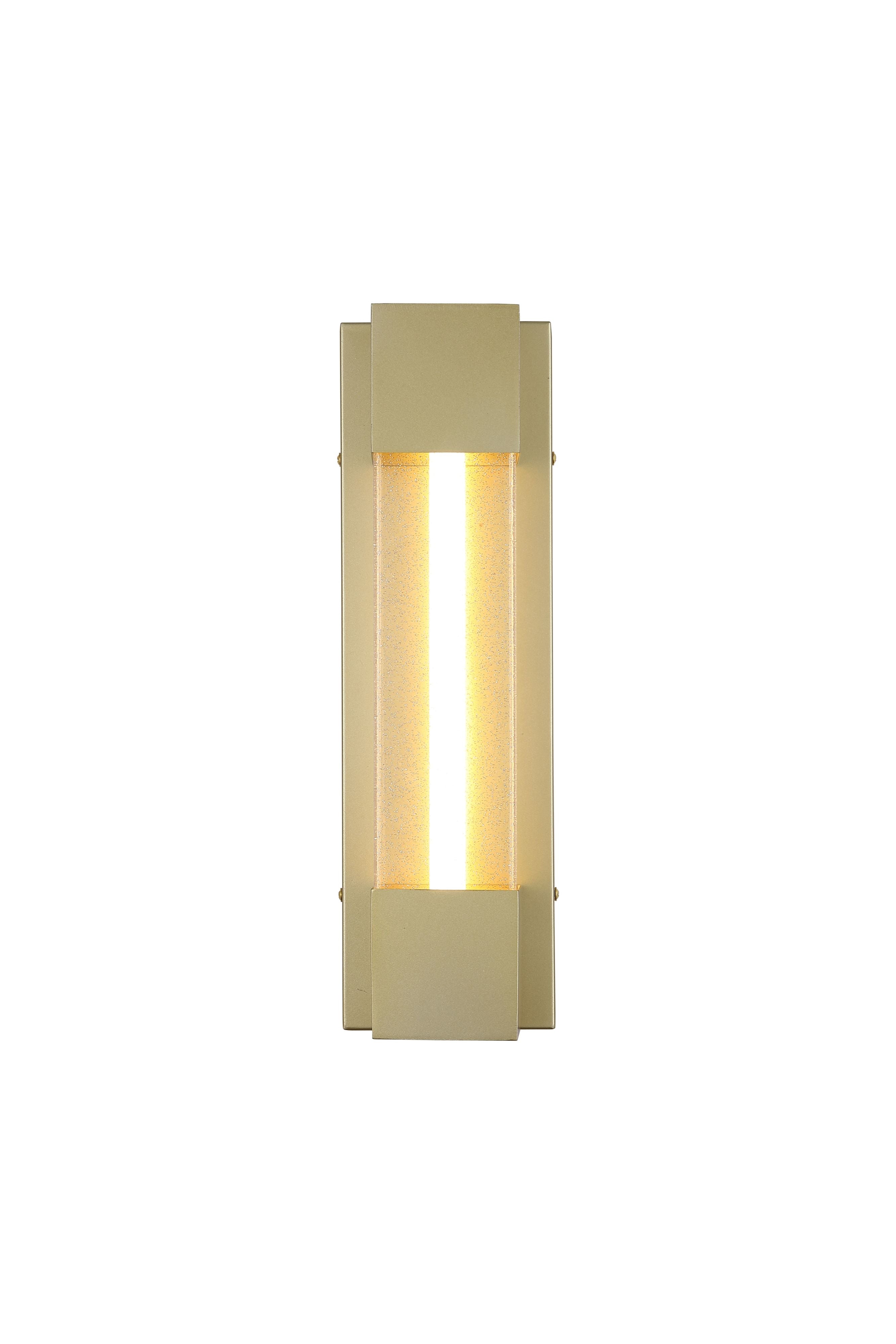 Sacramento 40cm outdoor LED wall light in stainless steel with a painted gold finish, front view lit with a vertical light strip, studio shot on a white background
