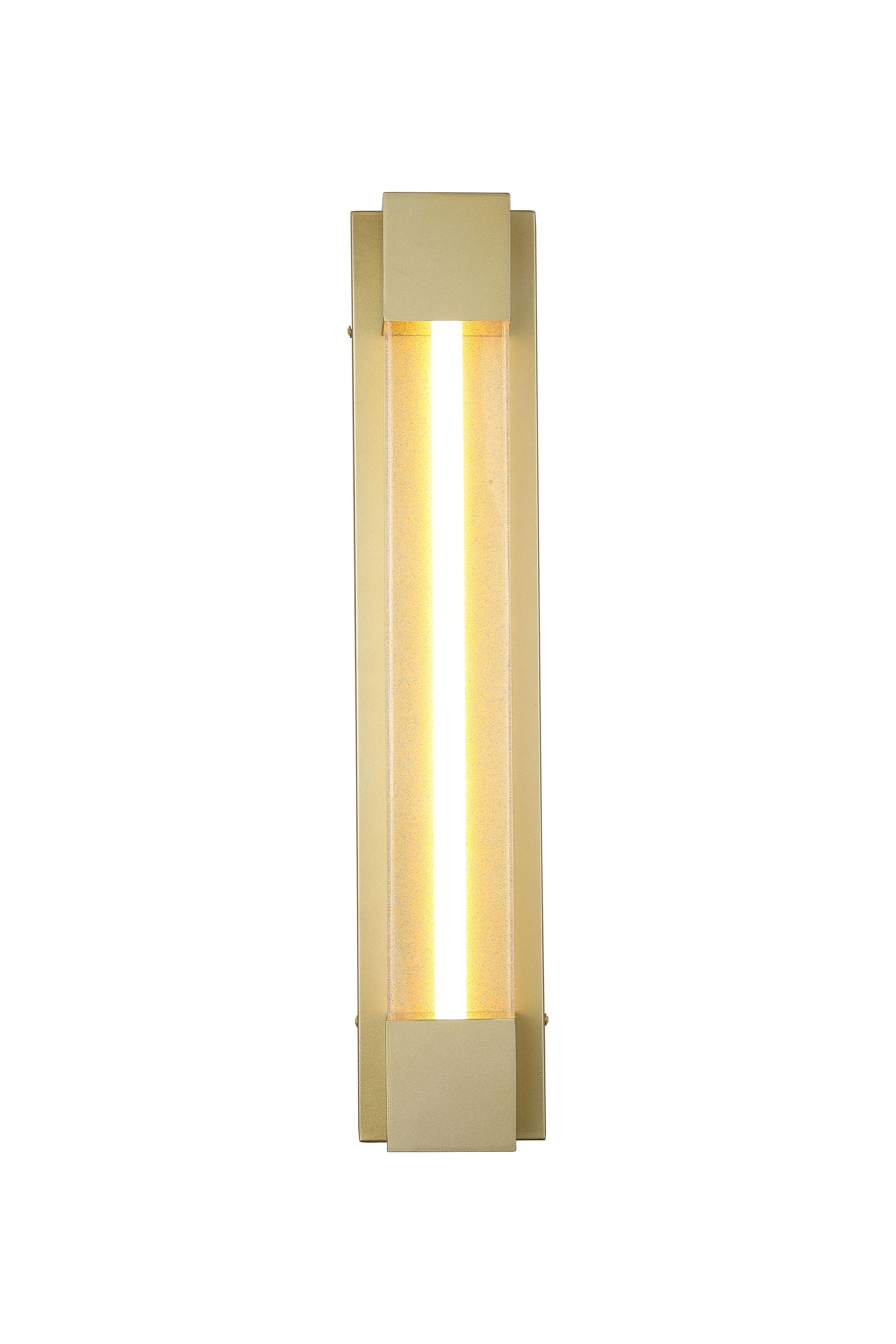 Sacramento 60cm outdoor LED wall light in stainless steel with a painted gold finish, front view lit with a vertical light strip, studio shot on a white background