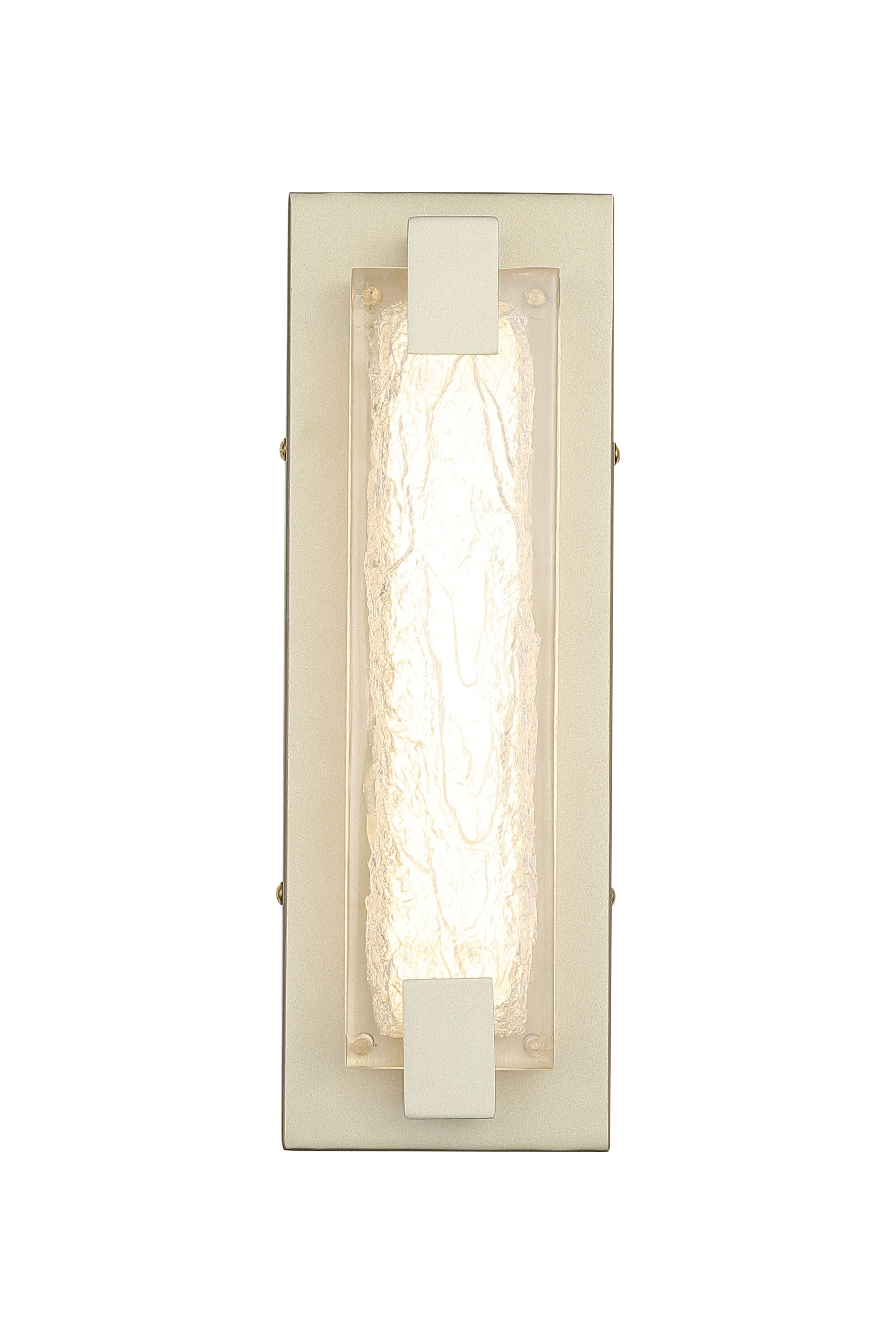 Searchlight Anchor LED wall light in gold, front on studio shot with the icicle textured polycarbonate panel lit and gold end caps visible