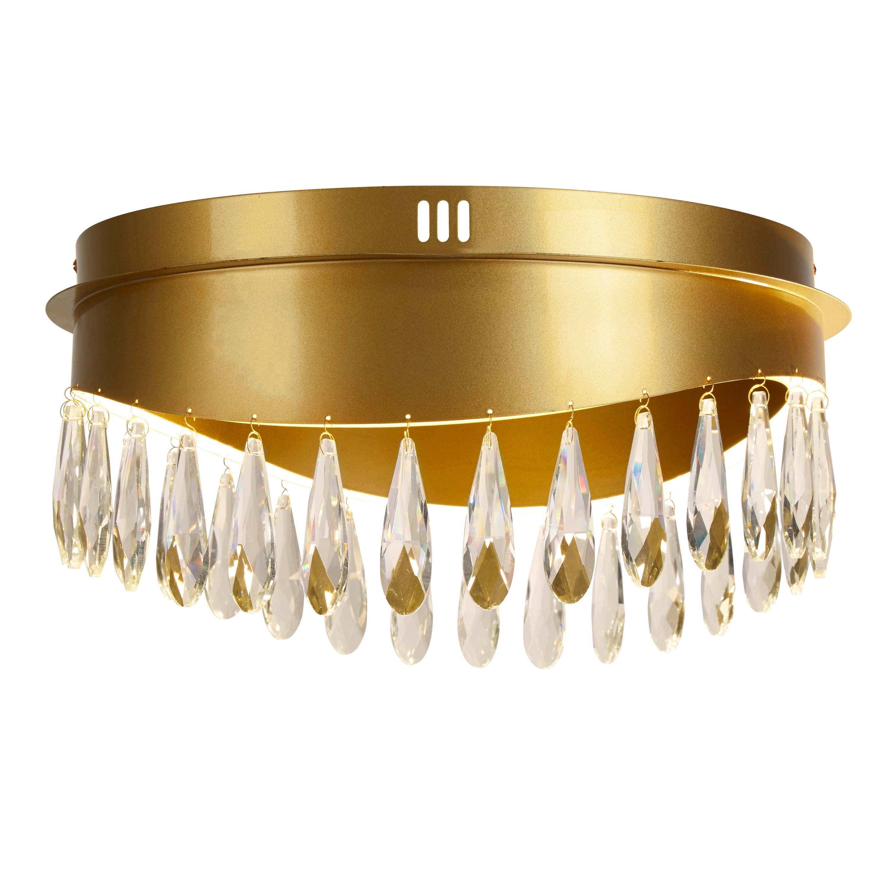 Searchlight Jewel flush ceiling light in gold with crystal pear drops, studio shot on a white background