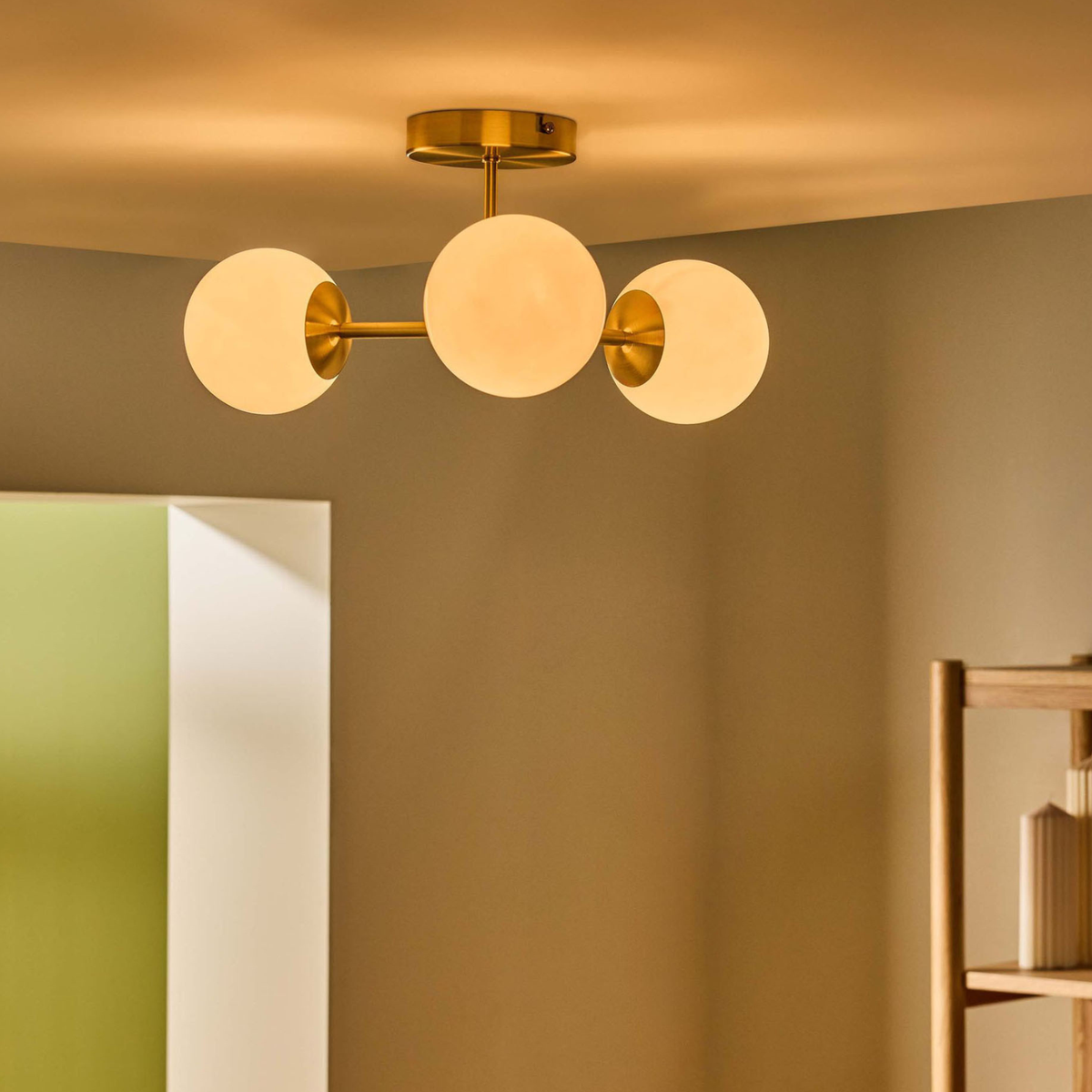 MADE.COM Globe 3 Light Flush Ceiling Light - Brass & Opal