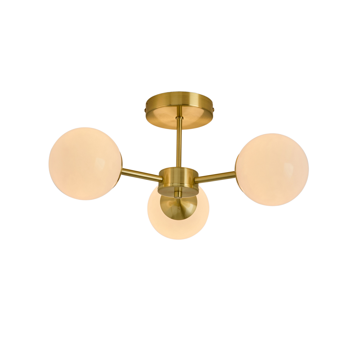 MADE.COM Globe 3 Light Flush Ceiling Light in Brushed Brass with Opal Glass Globes