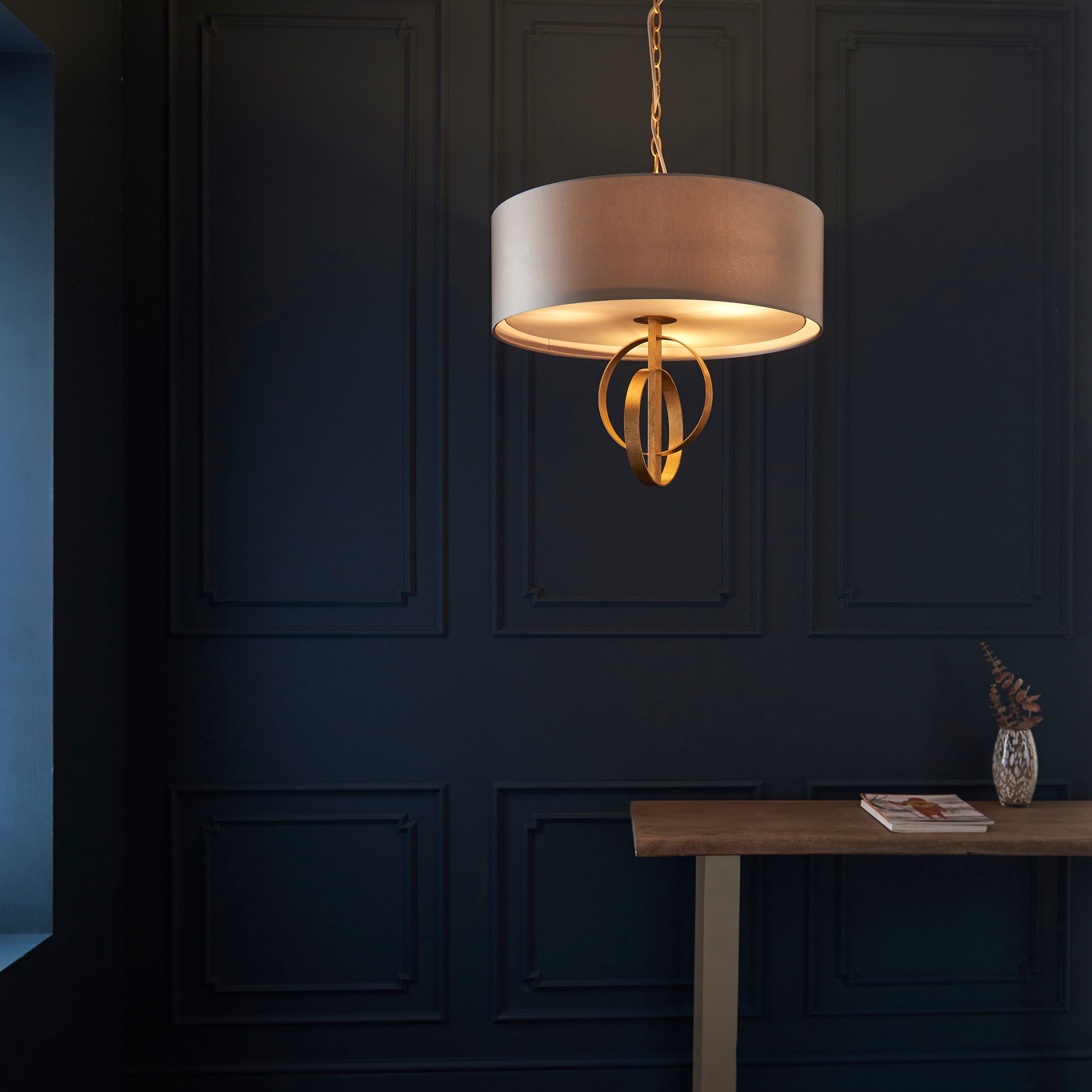 Utopia Interlink 3 Light Pendant - Antique Gold With Mink Shade - 60cm Diameter