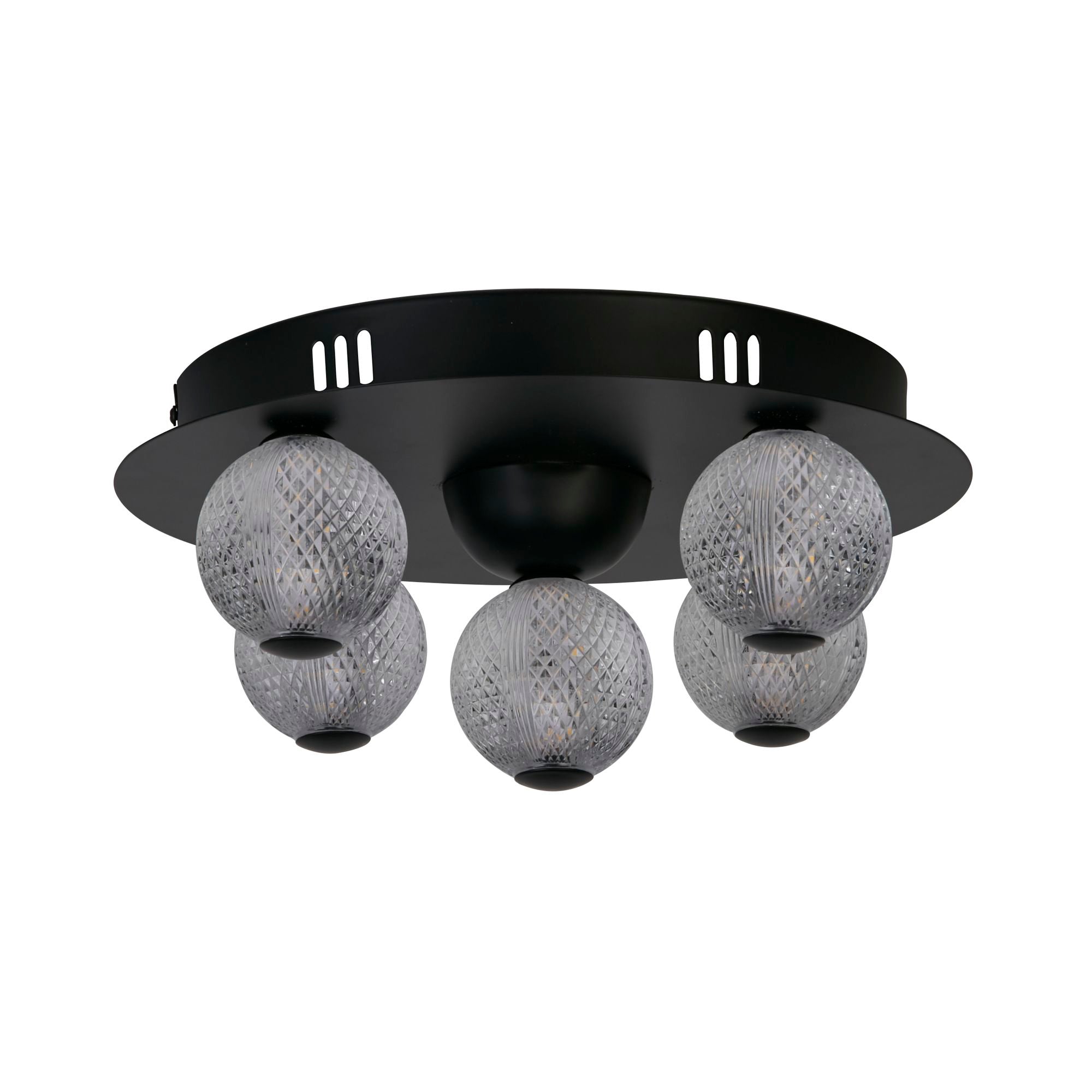 Searchlight Asteroid LED flush ceiling light in black, front view of the five textured spheres lit from within