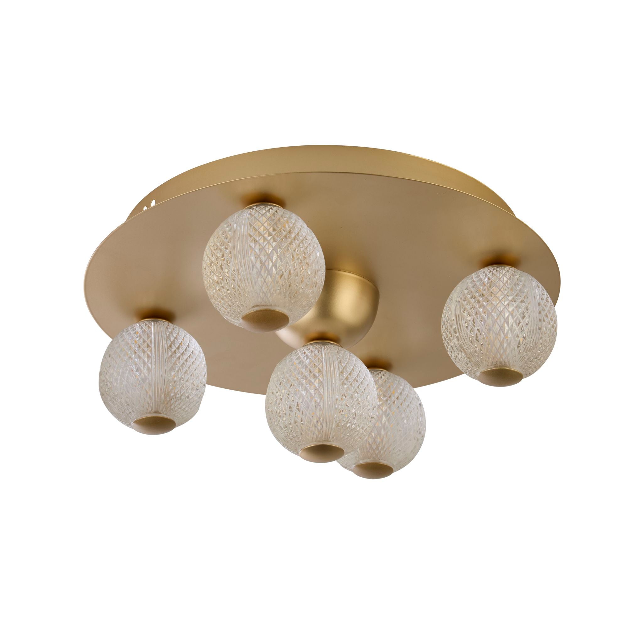 Searchlight Asteroid LED flush ceiling light in gold, alternate angled studio shot of the round backplate and glass ball cluster