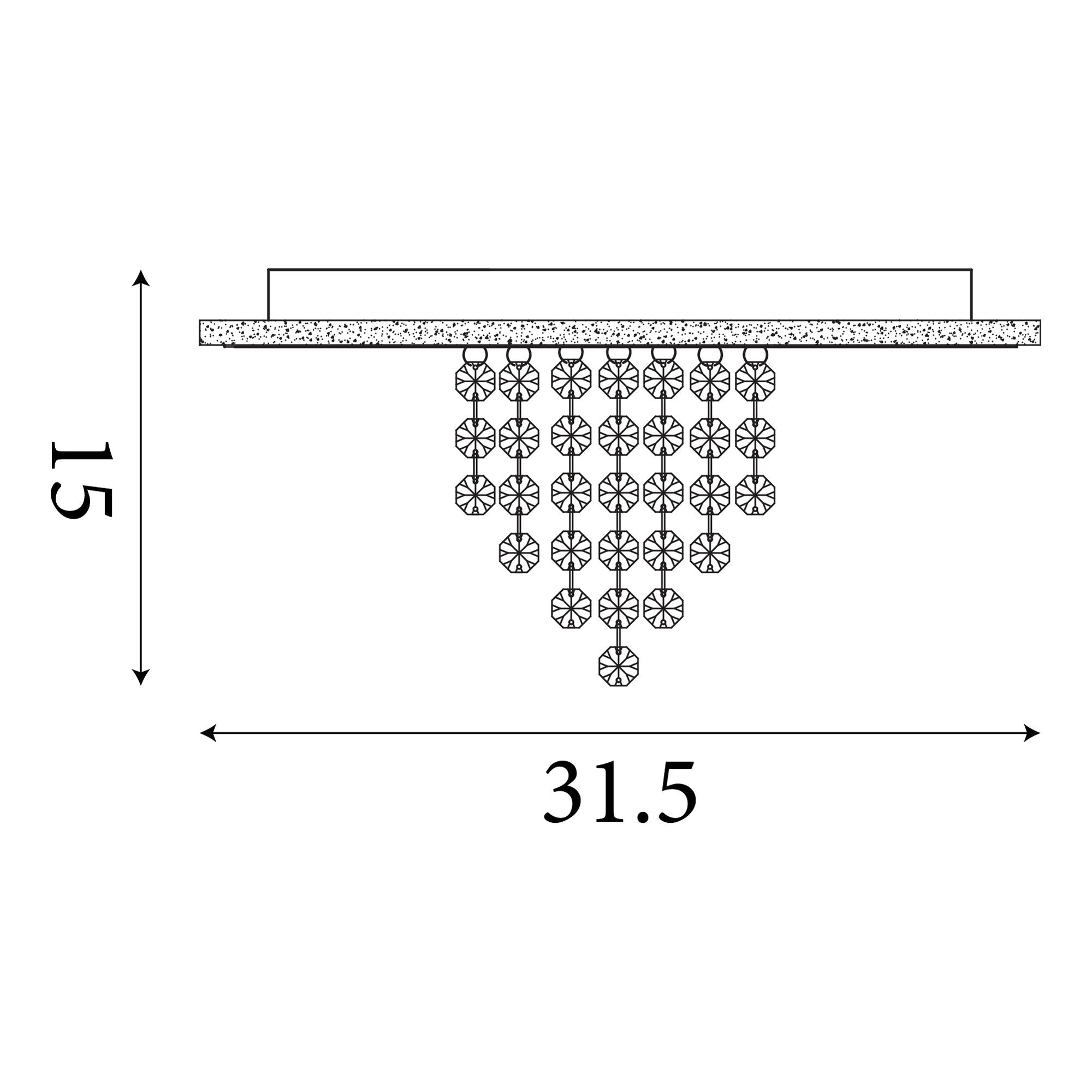 Technical dimension drawing of the Searchlight Deluge LED flush ceiling light showing 15cm height and 31.5cm width