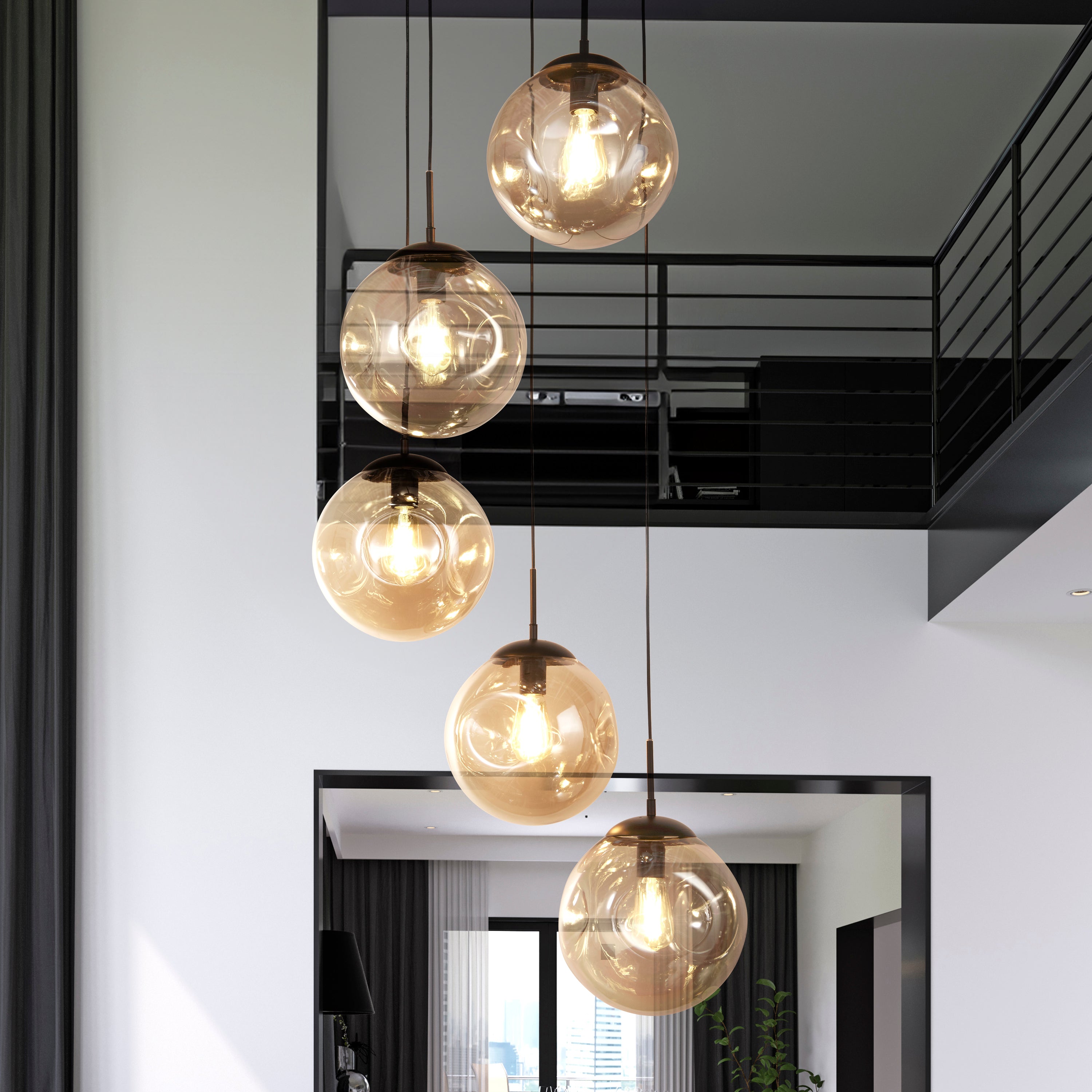 Searchlight Phoebe 5 Light Multi-Drop - Black Metal & Champagne Punched Glass