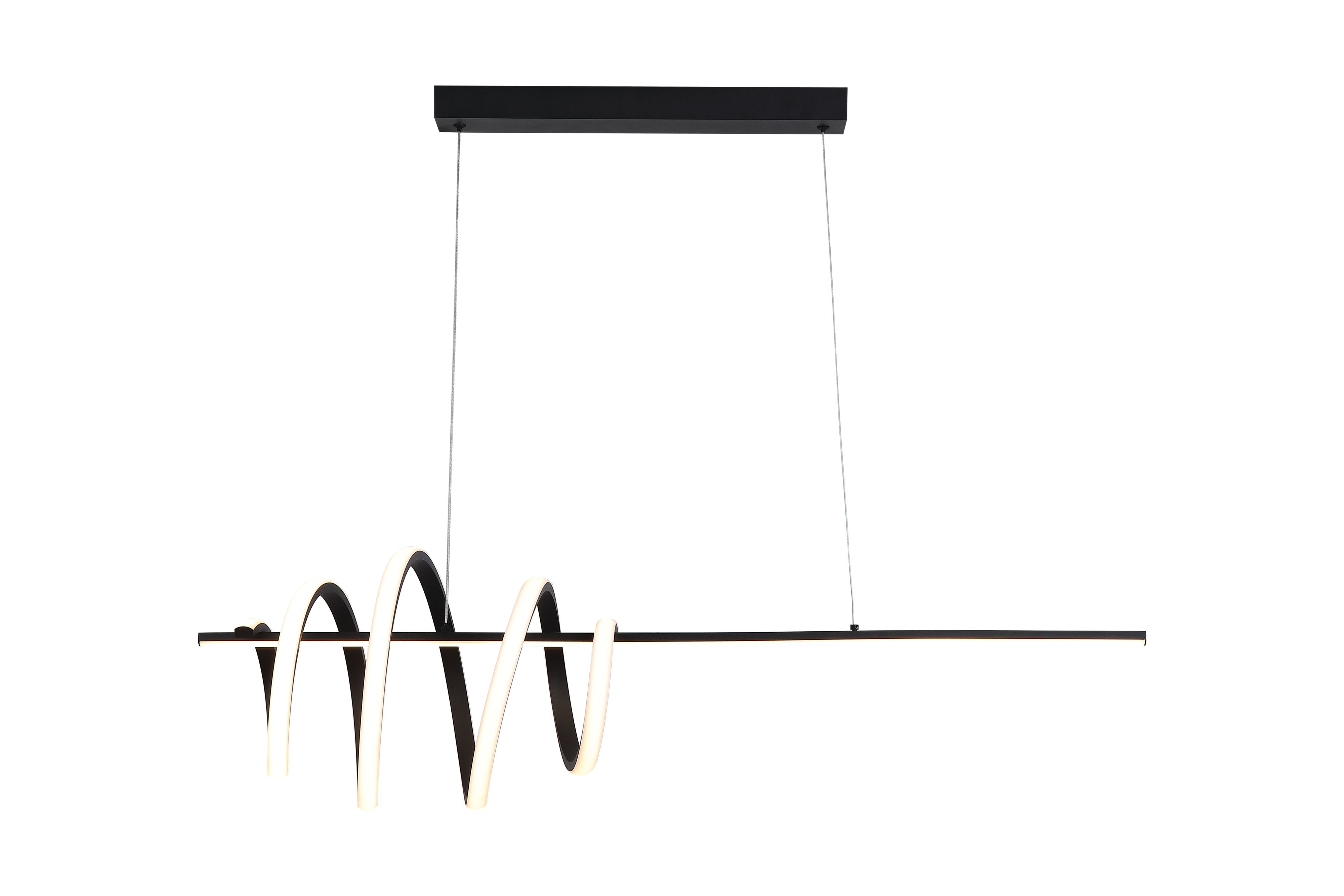 Searchlight Sword LED Pendant in black, studio shot on a white background showing the coiled ribbon design unlit, suspended from a slim ceiling bar