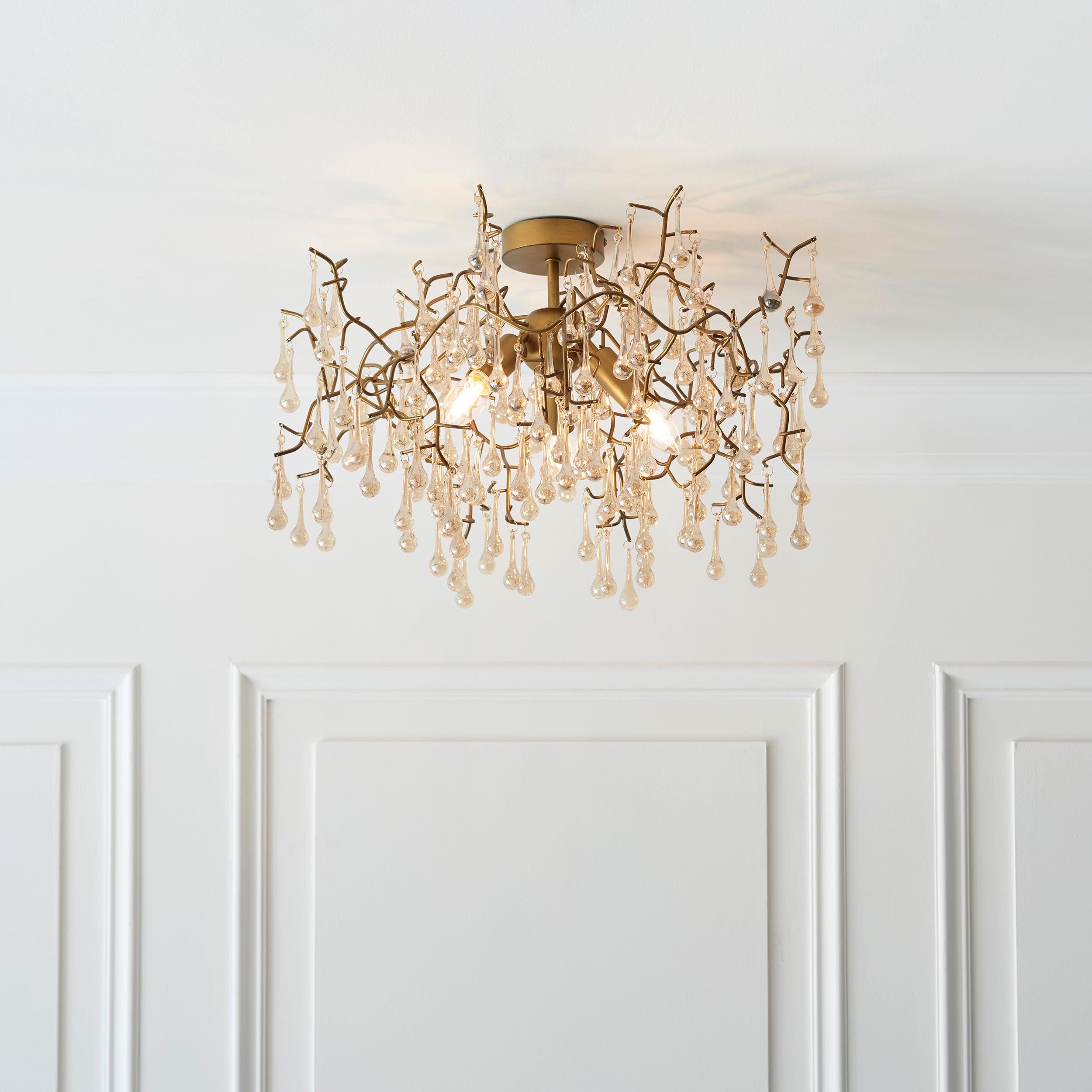 Utopia Drip 3 Light Semi Flush Fitting - Aged Gold With Champagne Tinted Glass - 55cm Diameter