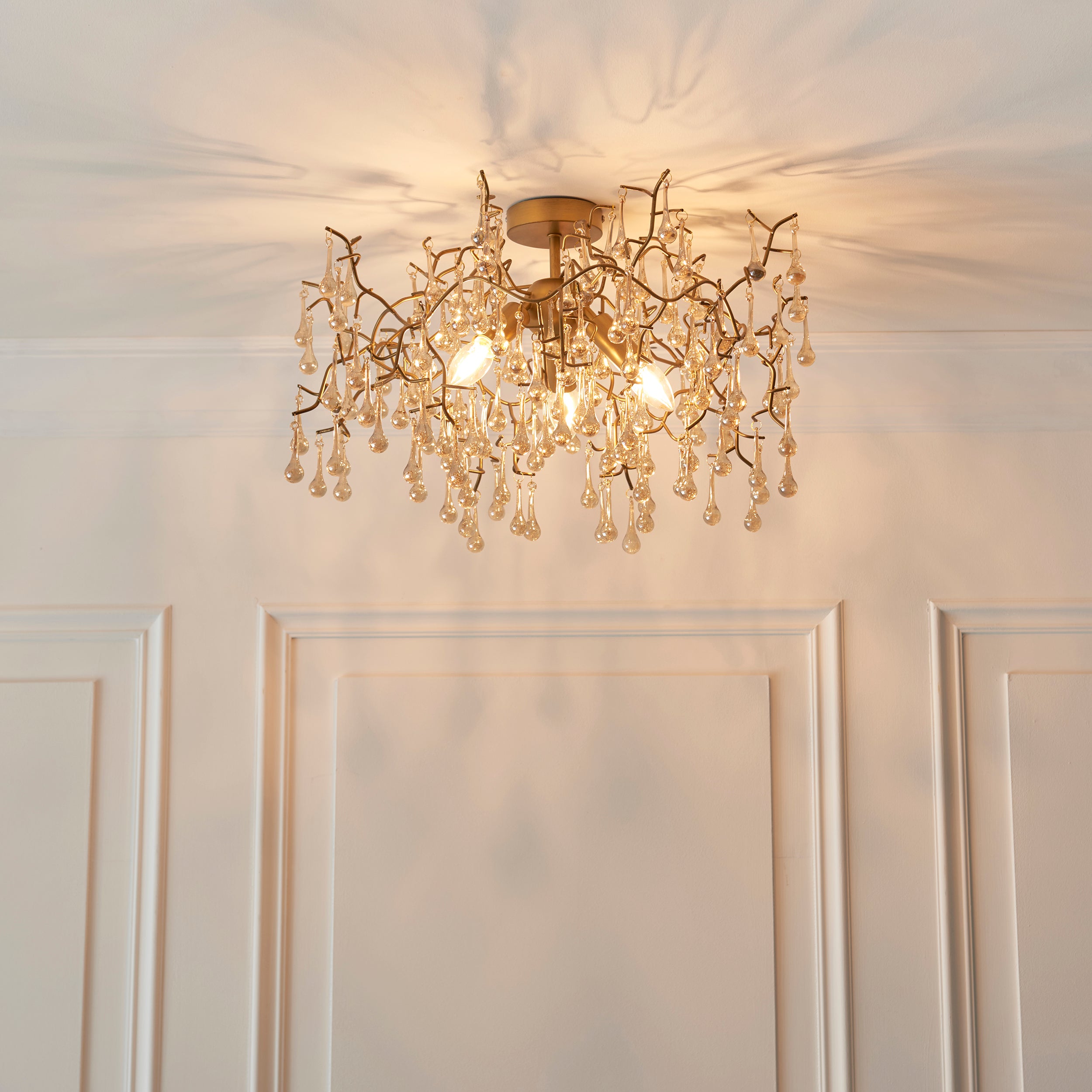 Utopia Drip 3 Light Semi Flush Fitting - Aged Gold With Champagne Tinted Glass - 55cm Diameter