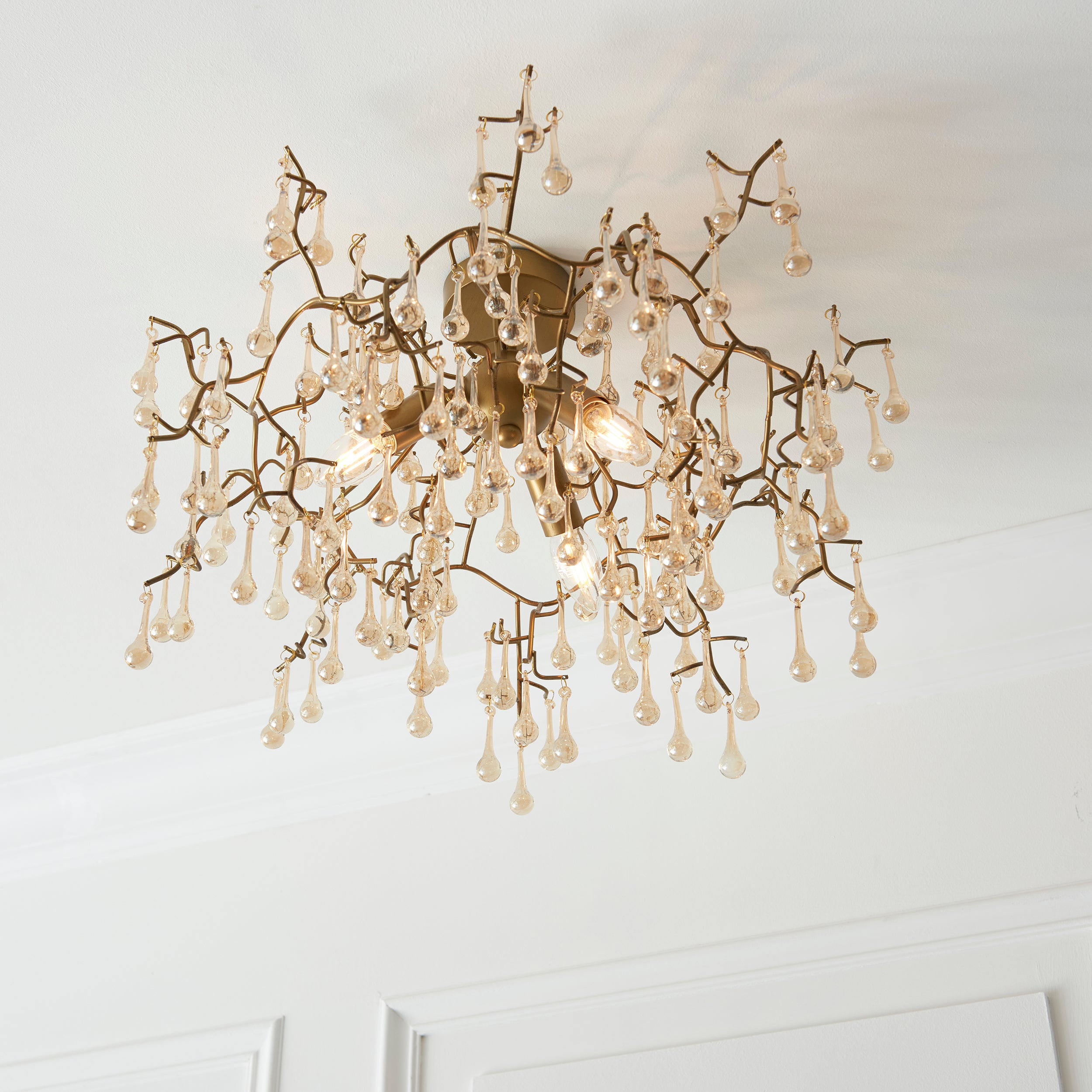Utopia Drip 3 Light Semi Flush Fitting - Aged Gold With Champagne Tinted Glass - 55cm Diameter