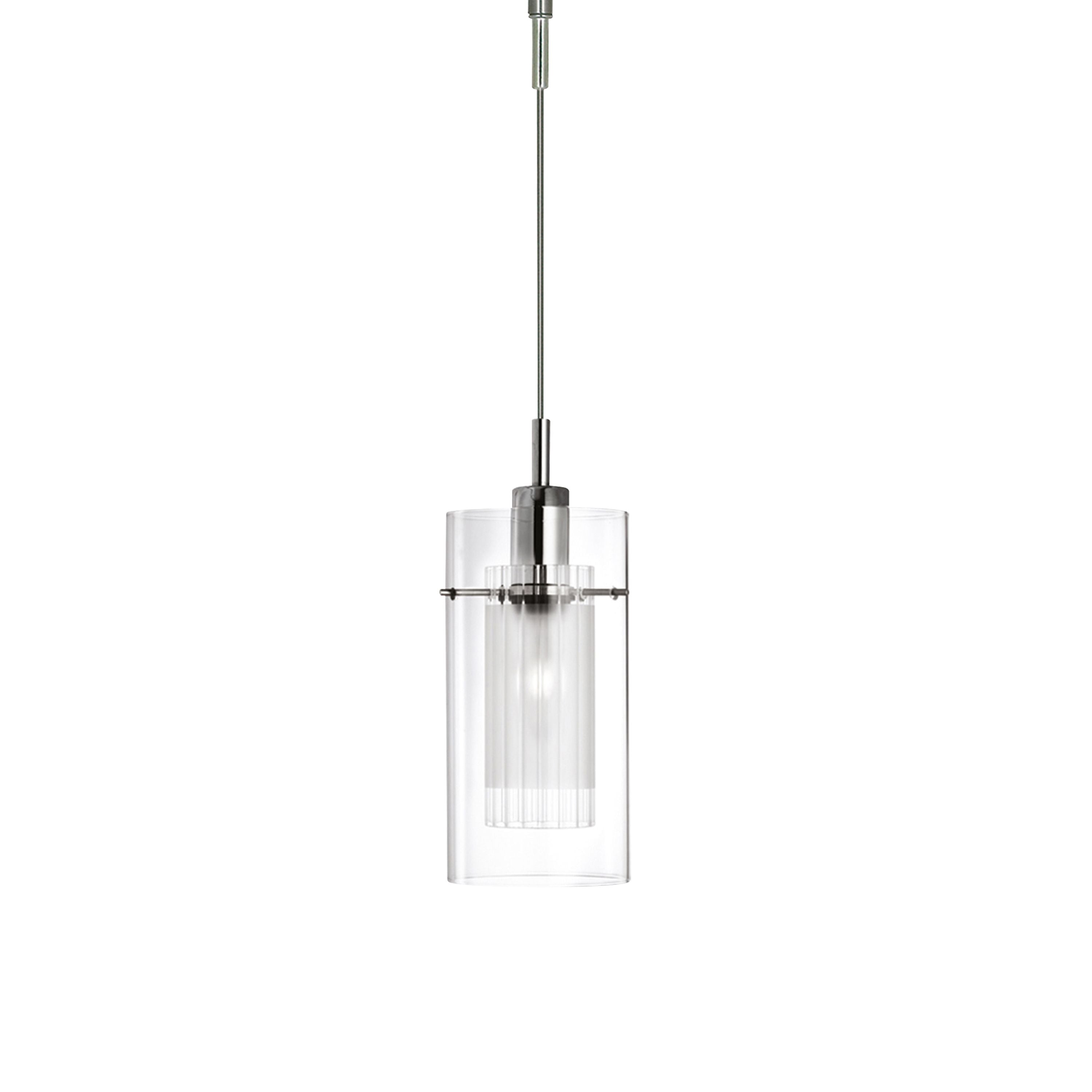 Searchlight Duo I pendant in chrome and double glass, full length studio shot showing the rod suspension and cylindrical shade