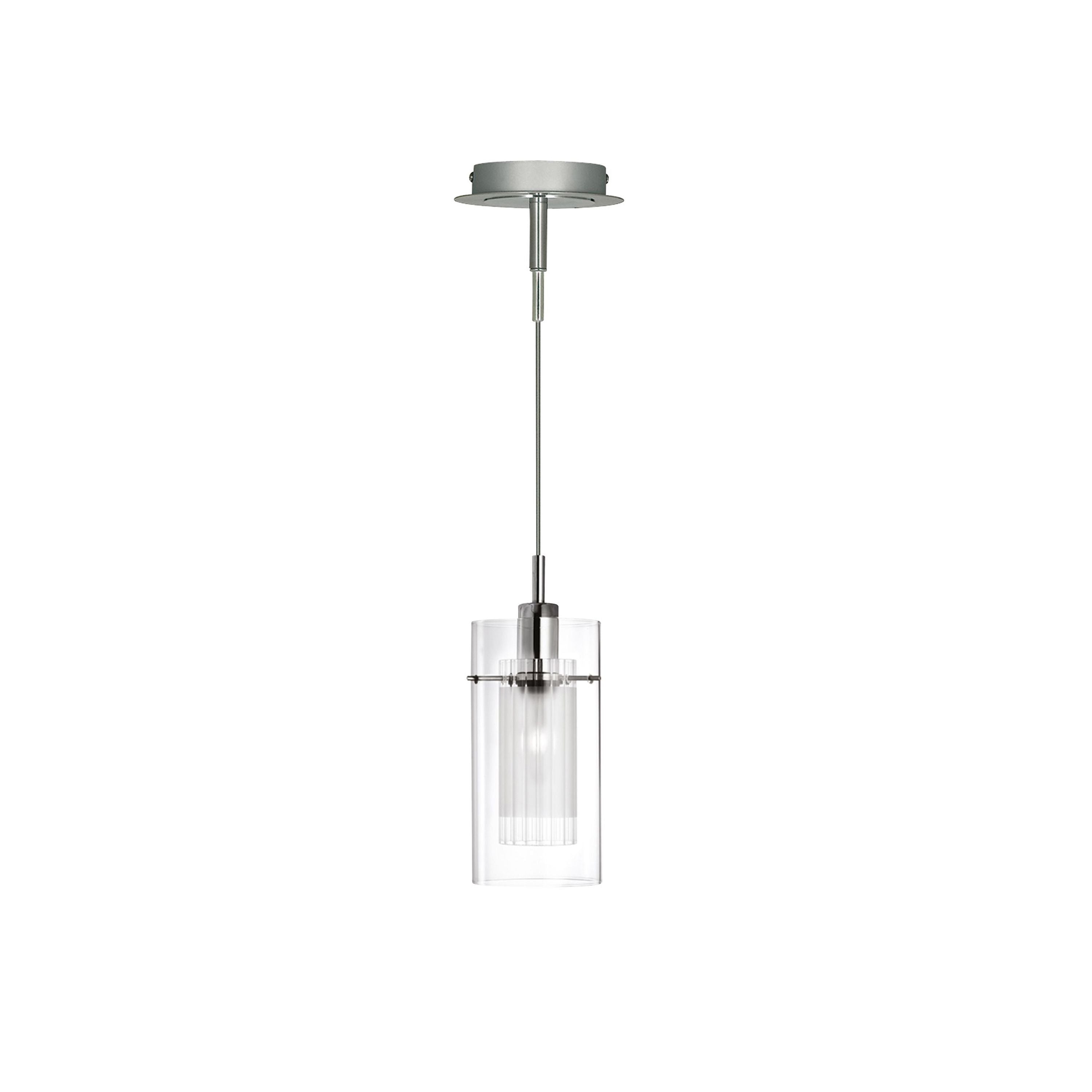 Searchlight Duo I pendant in chrome and double glass, studio shot showing the ceiling plate and full rod length
