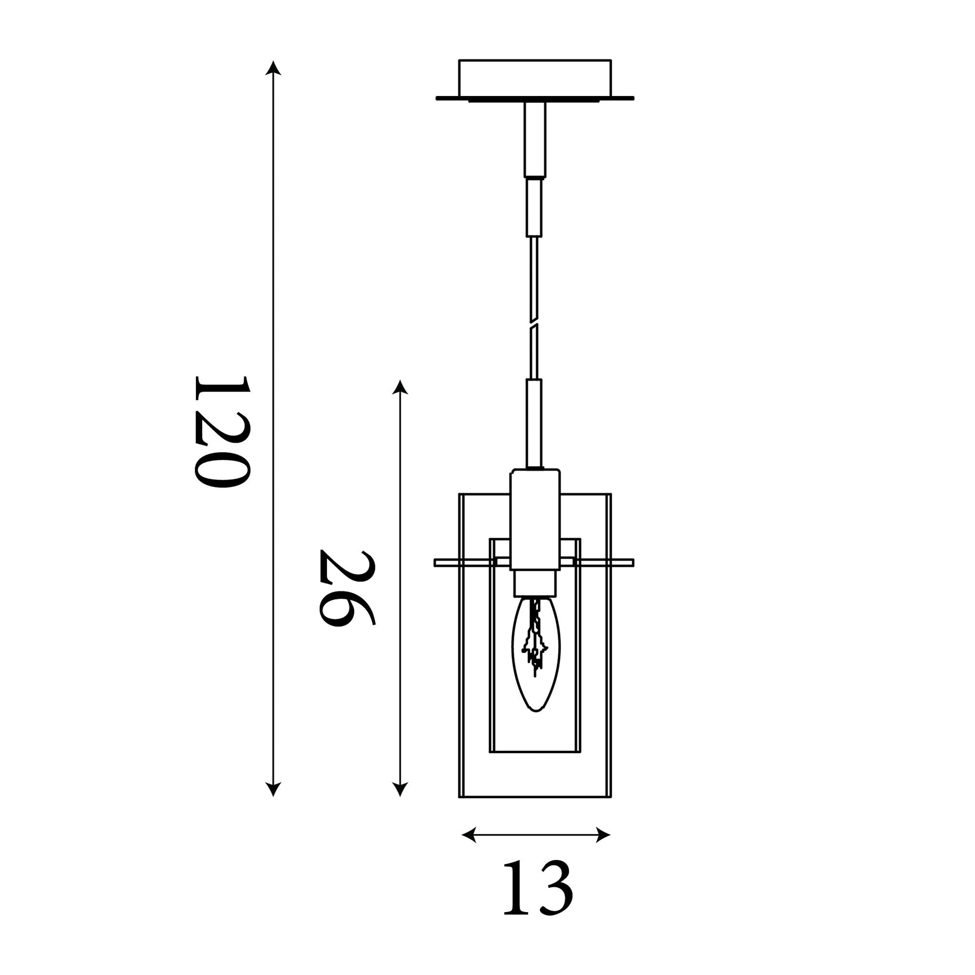 Technical line drawing of the Duo I pendant showing a 120cm drop, 13cm shade width and 26cm shade height