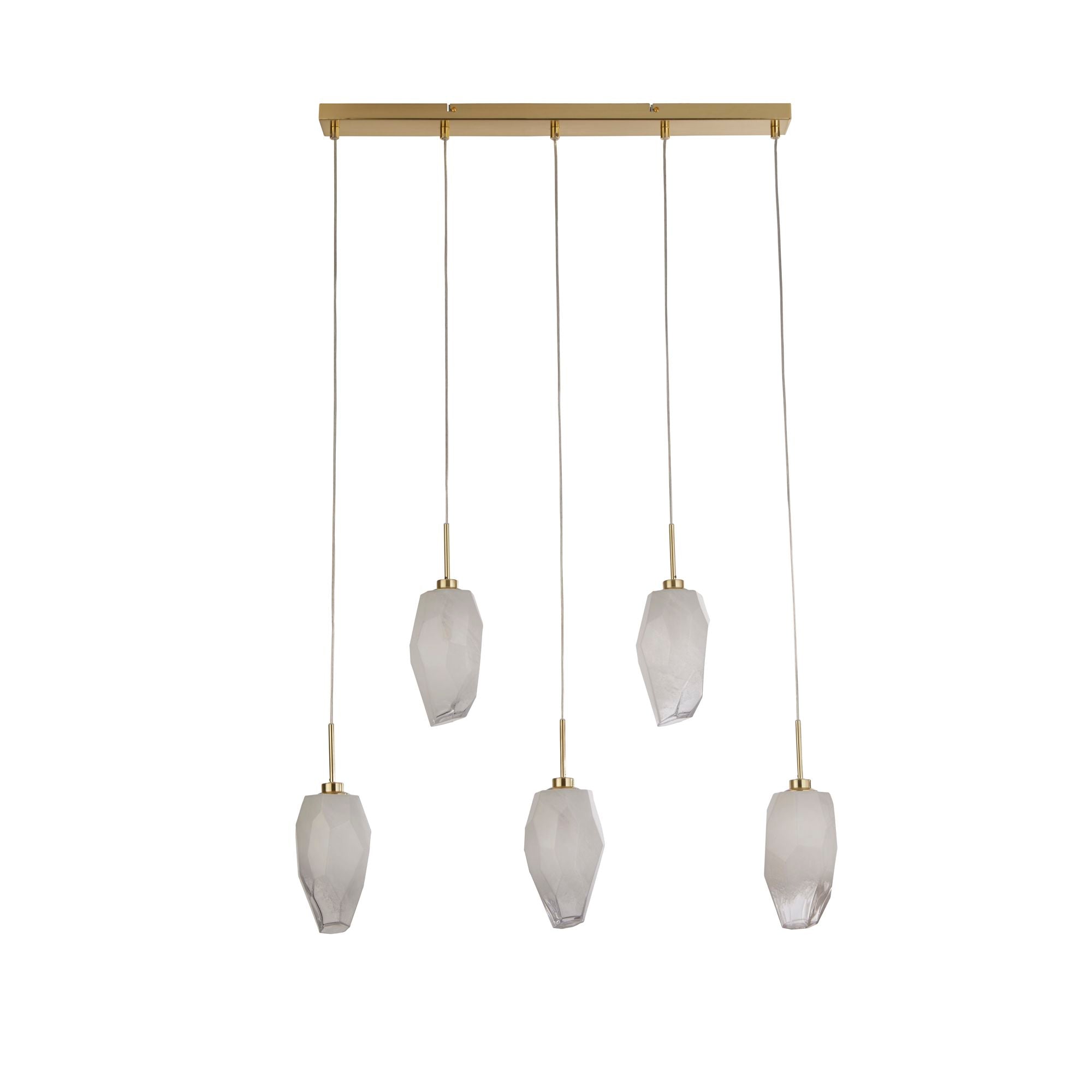 Searchlight Rocky 5 light bar pendant in satin brass, same staggered arrangement shown with a cooler grey white tone to the glass